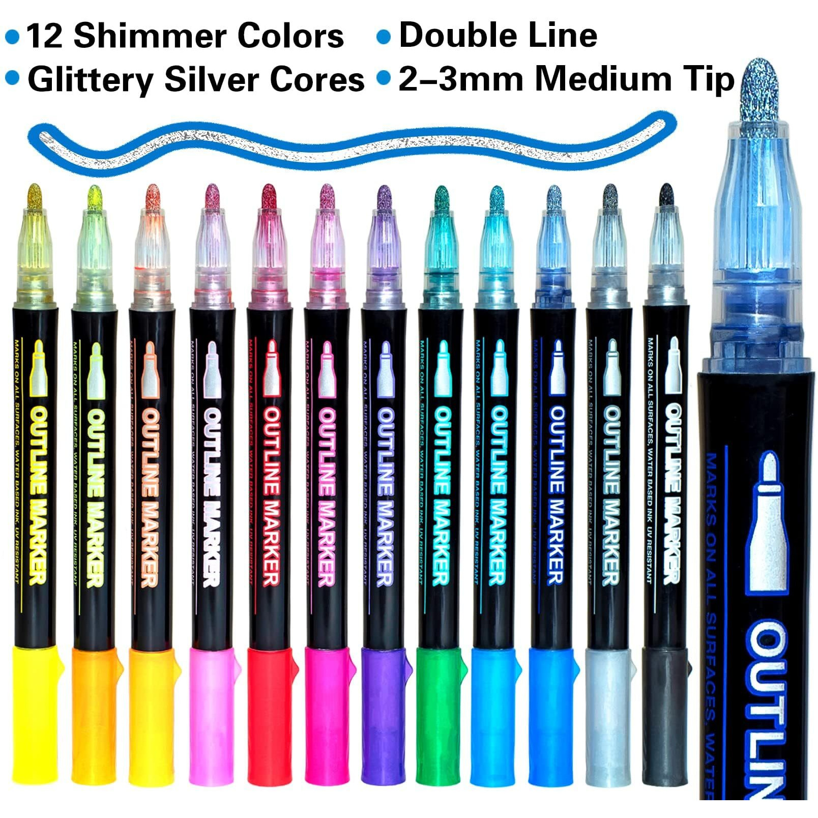 Kousicoo Double Line Markers Outline Marker Pens - 12 Colors