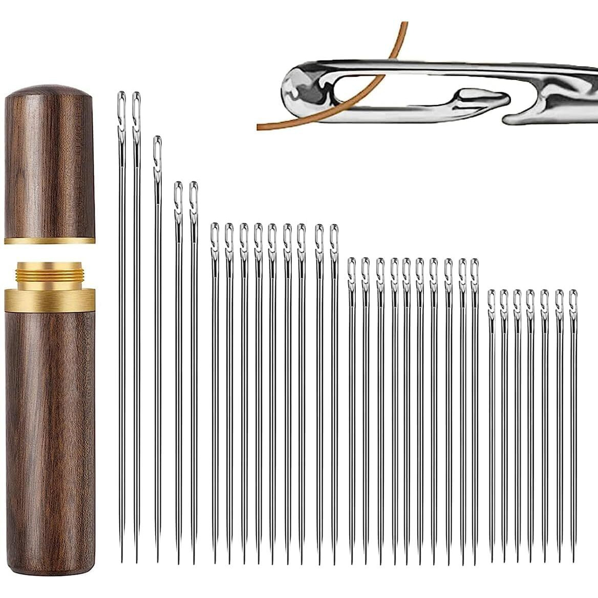 30 Piece Self-Threading Quilting Needles Set With Wooden Case, Assorted Long Needles For Hand Sewing, Embroidery