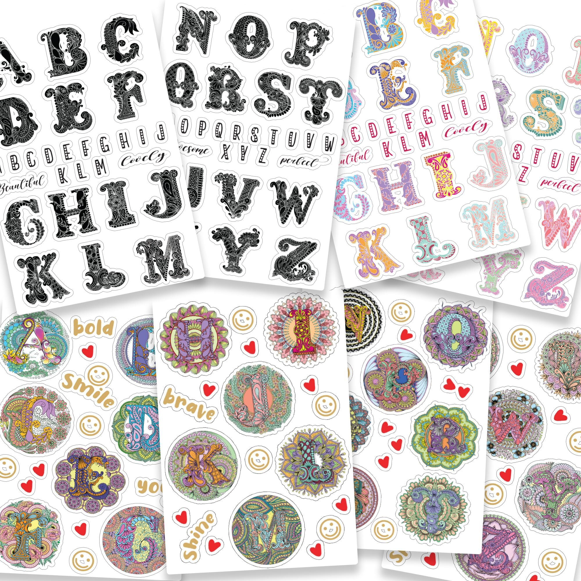 Ambiyaa A To Z Alphabet In 3 Styles - Mandala, Colored Artistic And B&W Artistic Handmade Diy Vinyl Waterproof Stickers For Scrapbooking/Laptop/Phone/Luggage/Fridge/Bottle/Guitar/Toys