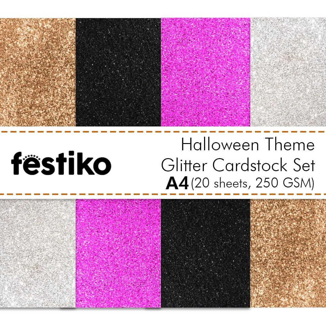 Festiko Black/Pink/Bronze/Silver Glitter Cardstock Sheets For Halloween (Pack Of 20, A4, 250 Gsm), Premium Glitter Paper For Crafts, A4 Glitter Card Stock For Diy Projects