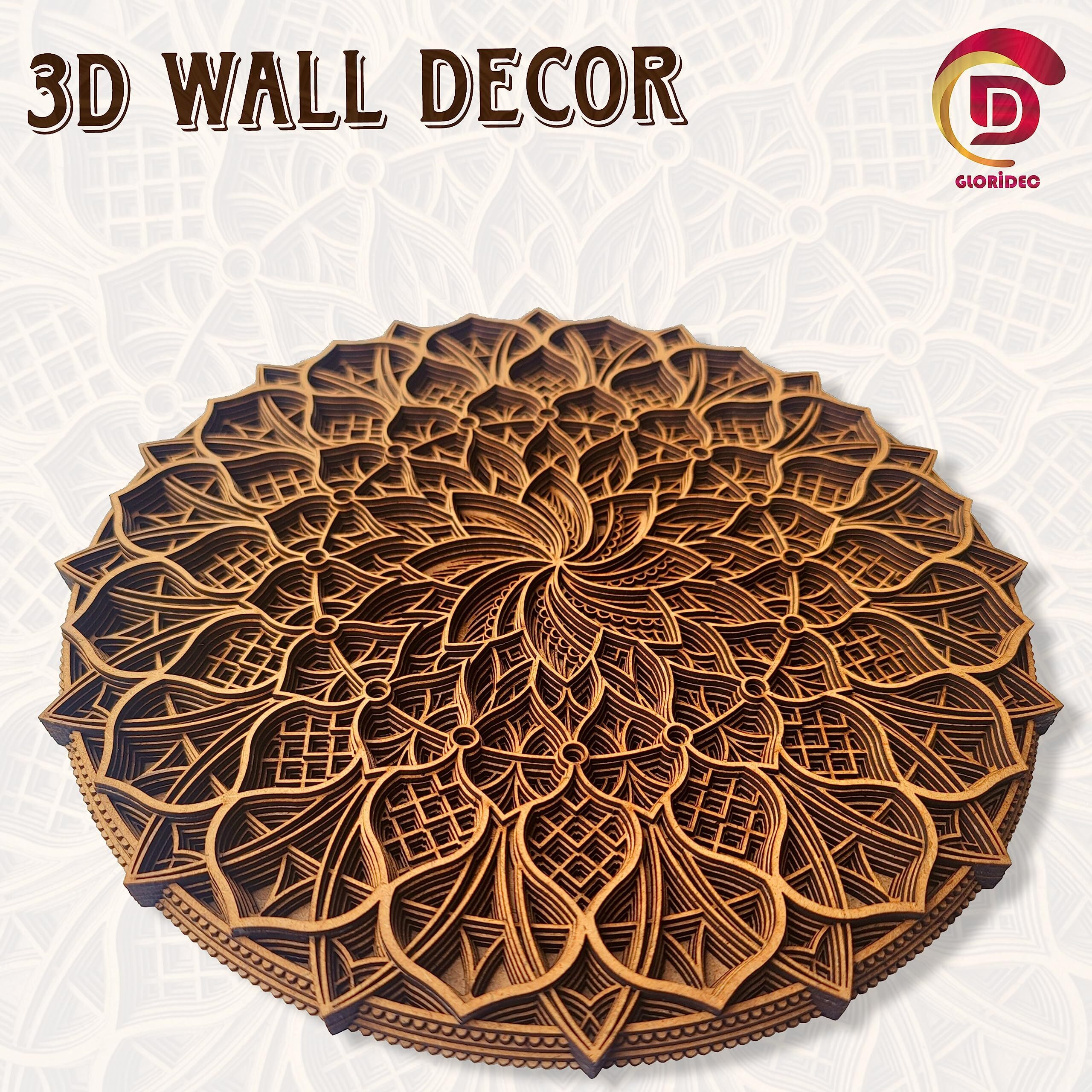 Gloridec Wooden 3D Laser Cut Decorative Mandala Wall Decor | Decorative Multi Layered Round Mandala Wall Art, Living Room Wall Hanging (Round Mandala) (24" X 24" Inch)