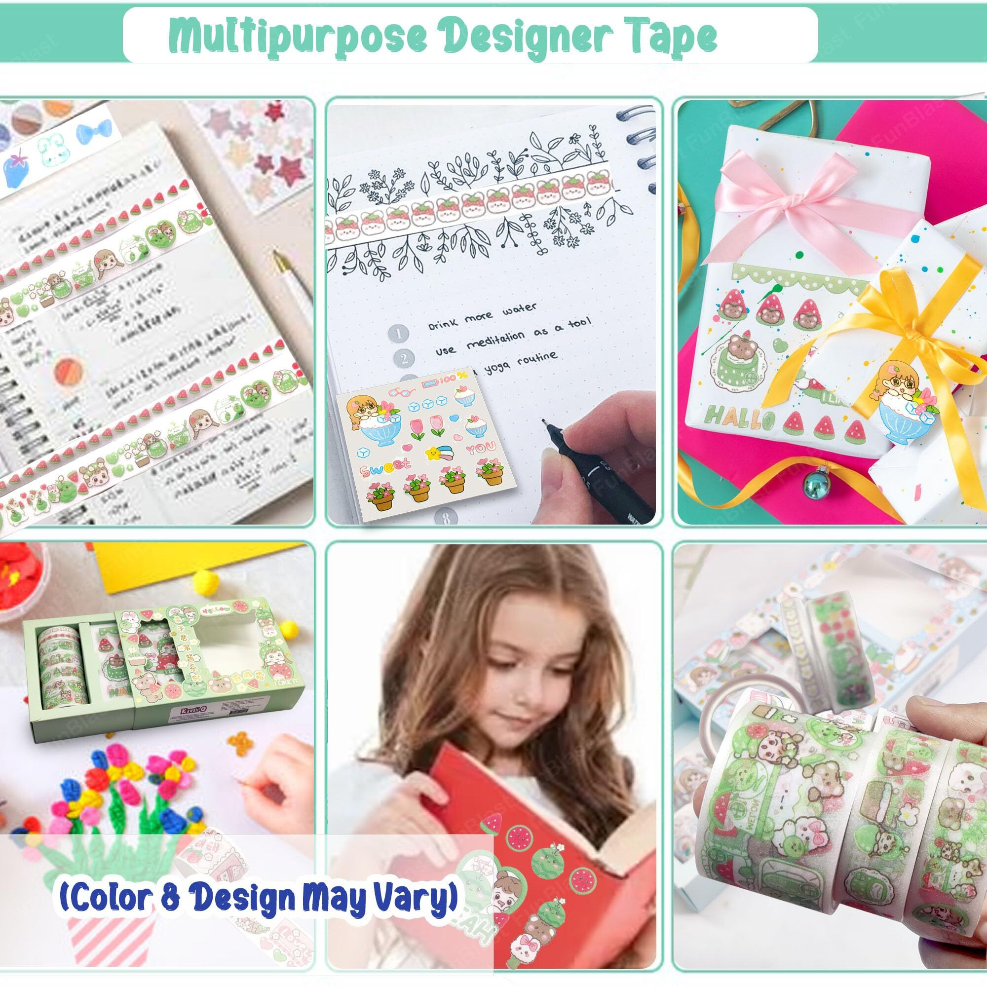 Funblast Washi Tape Set, Cute Washi Tape Set, Designer Decorative Masking Tapes For Diy Crafts Arts Scrapbooking Bullet Journal Planners (Random Color And Design)