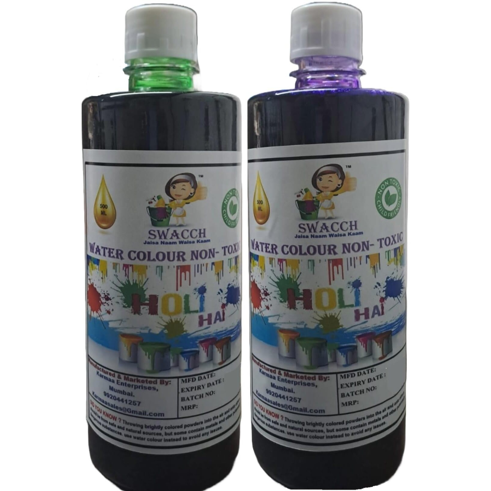 Swacch Water Colour Non-Toxic & Eco Friendly Colour (Green & Purple) (500Ml) (Pack Of 2)