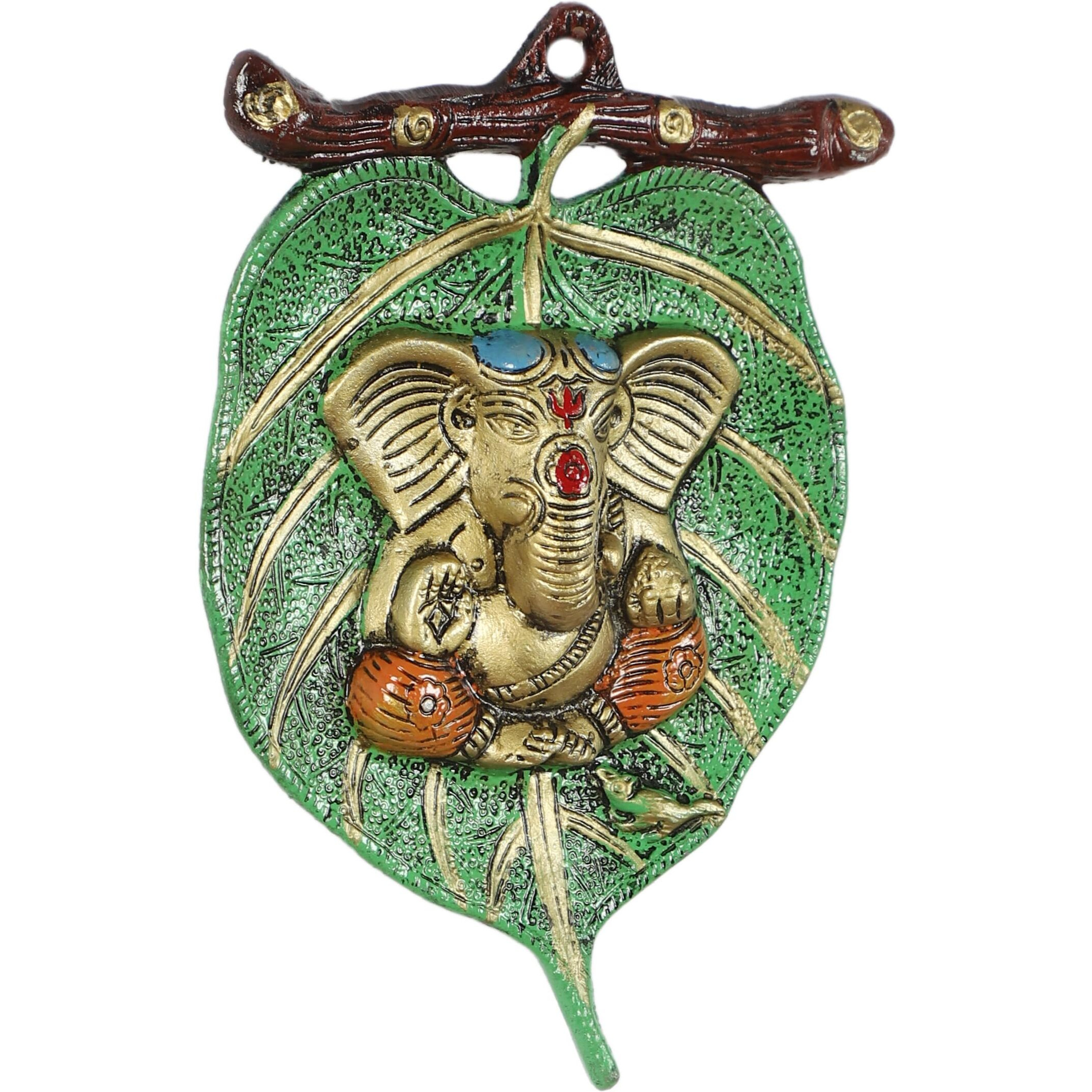 Two Moustaches Ganesha On Green Patta Wall Hanging