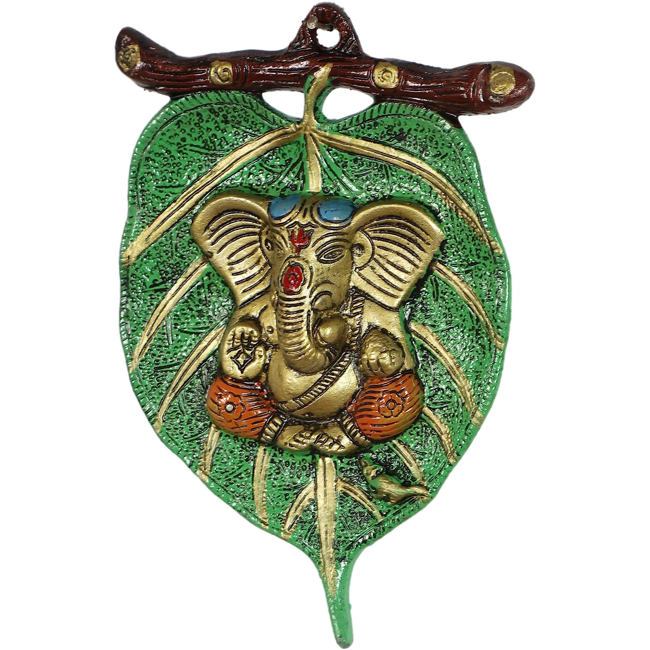 Two Moustaches Ganesha On Green Patta Wall Hanging