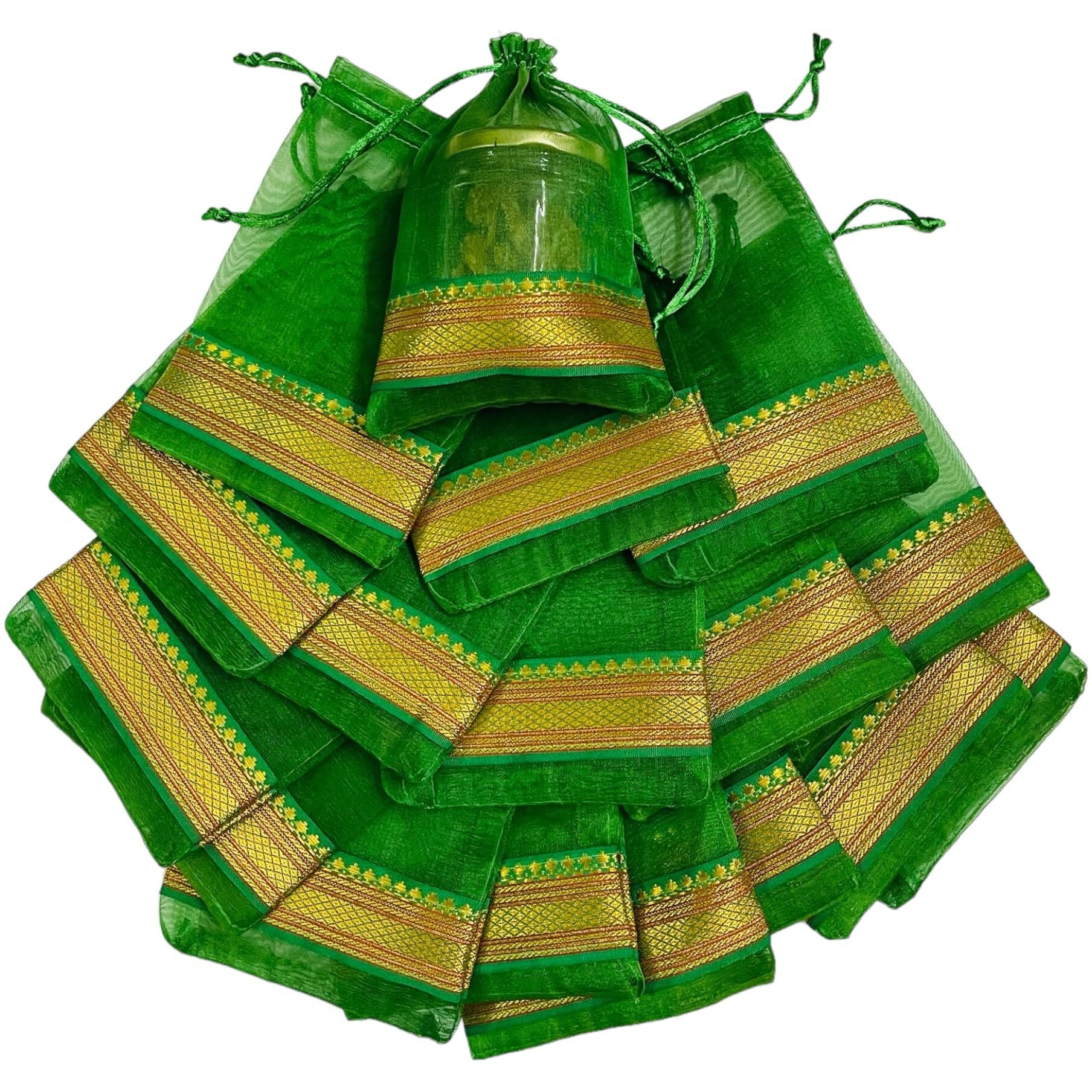 Krisah Pack Of 50 Pcs Potli Gift Pouches Bags, Small Size,18 Cm X 12 Cm, Green Organza Border