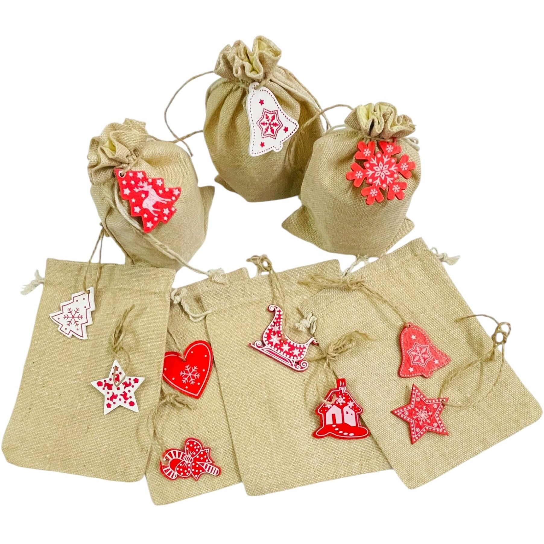 Kriwin (7X 5 Inch) Burlap Drawstring Pouches With Red And White Christmas Ornaments, Jute (12)