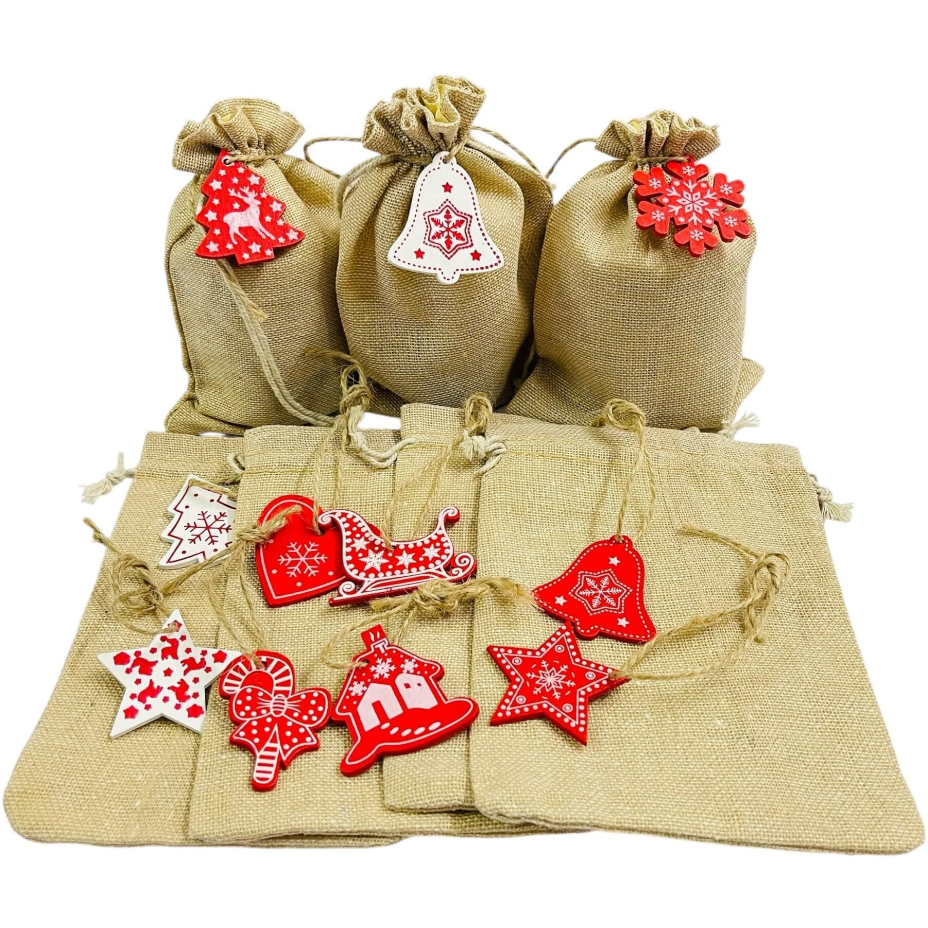 Kriwin (7X 5 Inch) Burlap Drawstring Pouches With Red And White Christmas Ornaments, Jute (12)