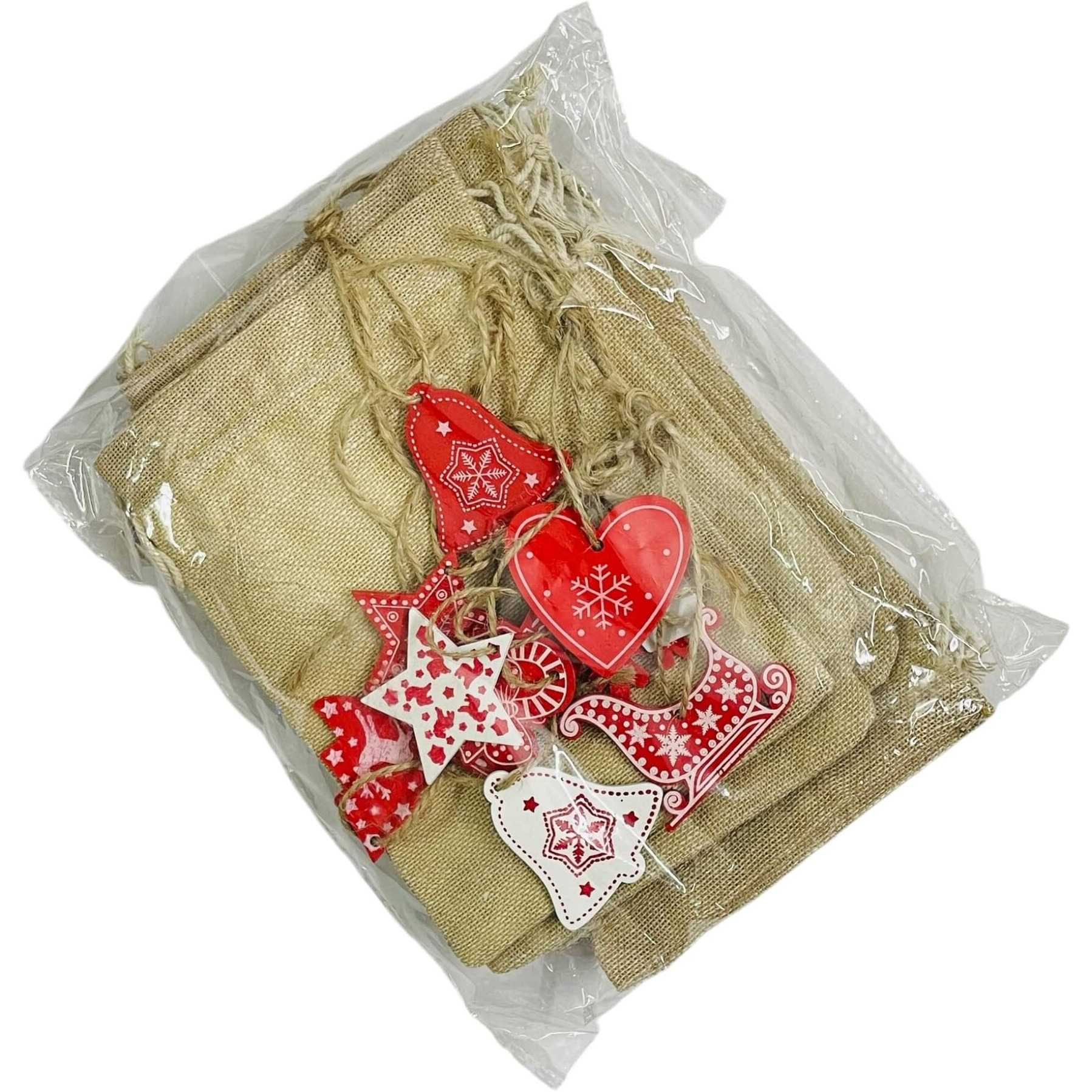 Kriwin (7X 5 Inch) Burlap Drawstring Pouches With Red And White Christmas Ornaments, Jute (12)