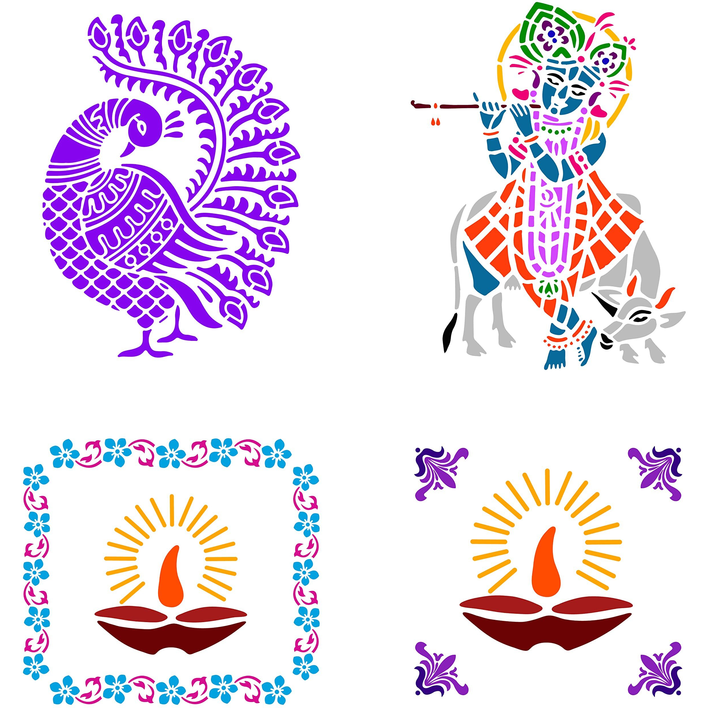 Solobolo Rangoli Stencils With Rangoli Colours| Peacock Rangoli Stencil | Krishna Rangoli Stencil | Diwali Diya Rangoli Stencil | Corner Rangoli Stencil | Border Rangoli Stencil | Set Of 5 | Rn504