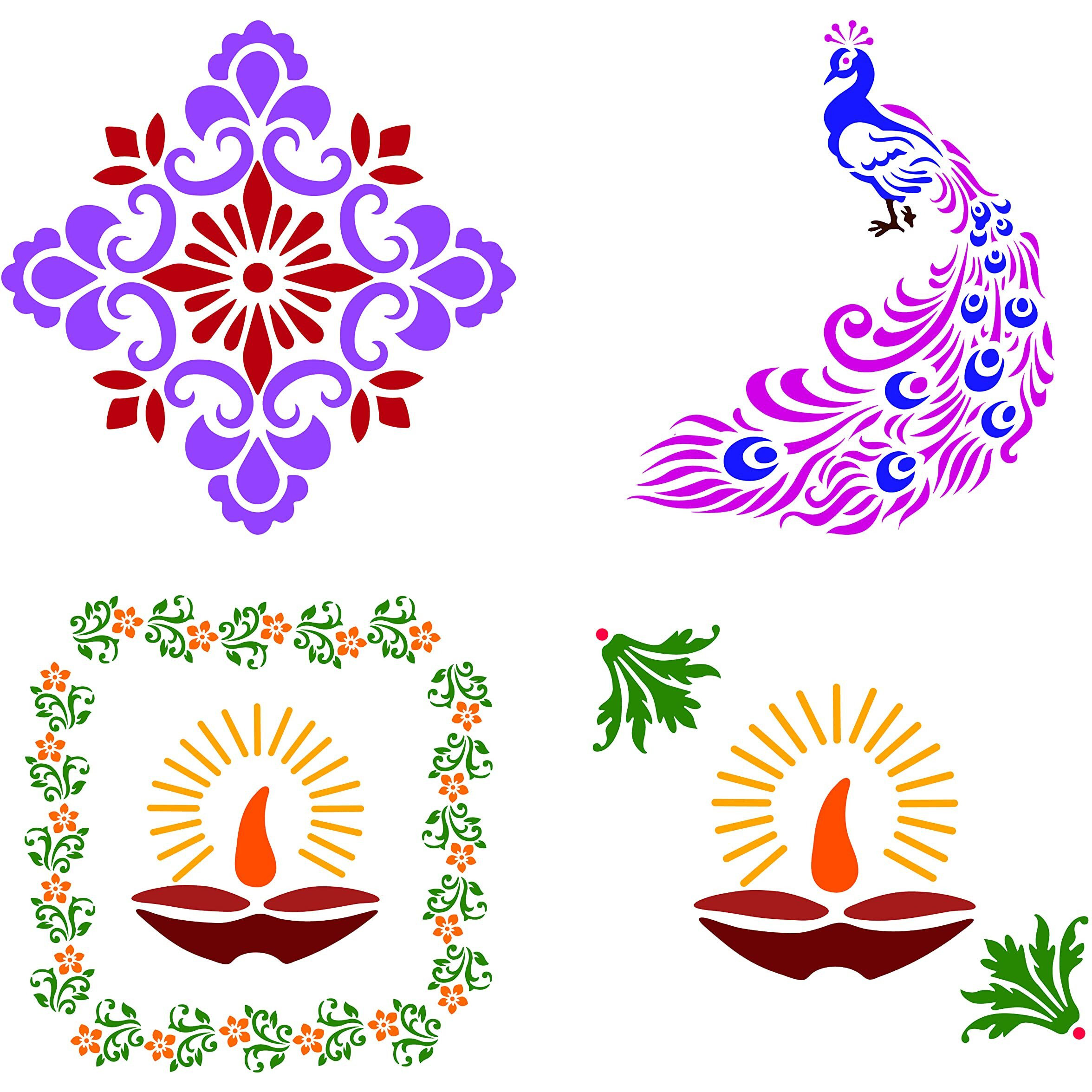 Solobolo Rangoli Kit With 6 Rangoli Colours| Peacock Rangoli Stencil | Mandala Rangoli Stencil | Diwali Diya Rangoli Stencil | Corner Rangoli Stencil | Border Rangoli Stencil | Set Of 5 | Rn503
