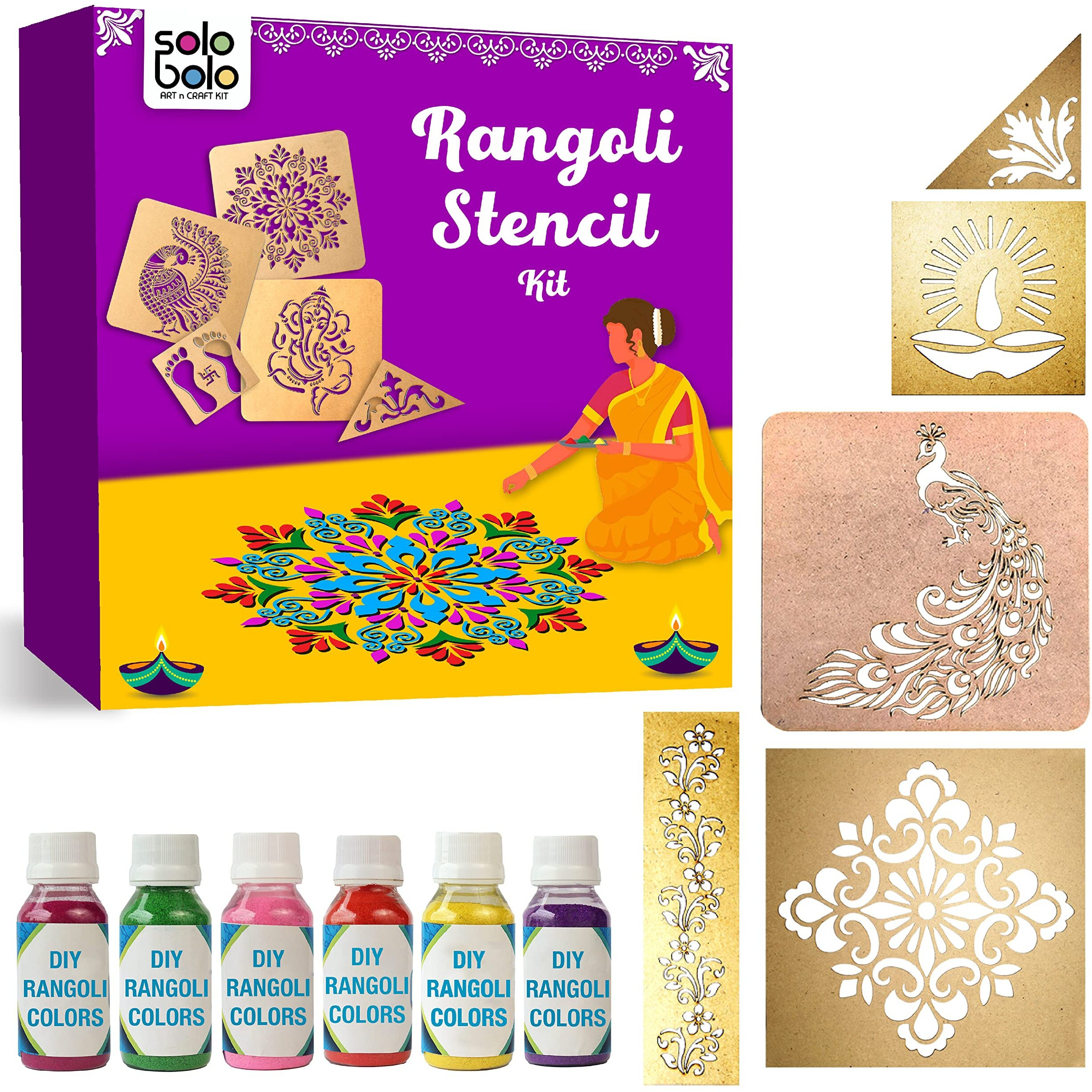 Solobolo Rangoli Kit With 6 Rangoli Colours| Peacock Rangoli Stencil | Mandala Rangoli Stencil | Diwali Diya Rangoli Stencil | Corner Rangoli Stencil | Border Rangoli Stencil | Set Of 5 | Rn503