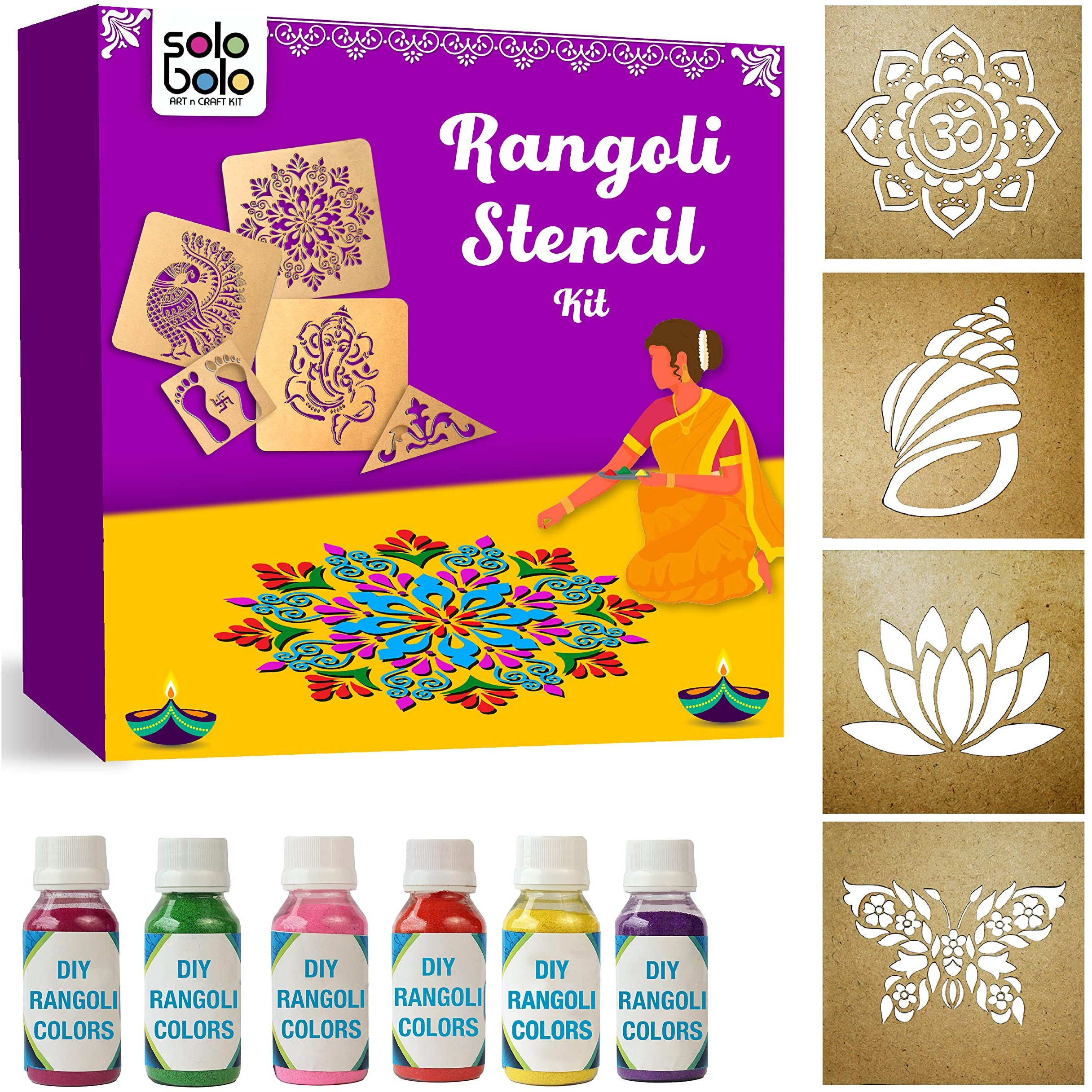 Solobolo Mandala Rangoli Stencil With 6 Rangoli Colours| Mandala Rangoli Stencil | Lotus Stencil | Vishnu Sankh Rangoli Stencil | Butterfly Rangoli Stencil | Set Of 4 | Rn402