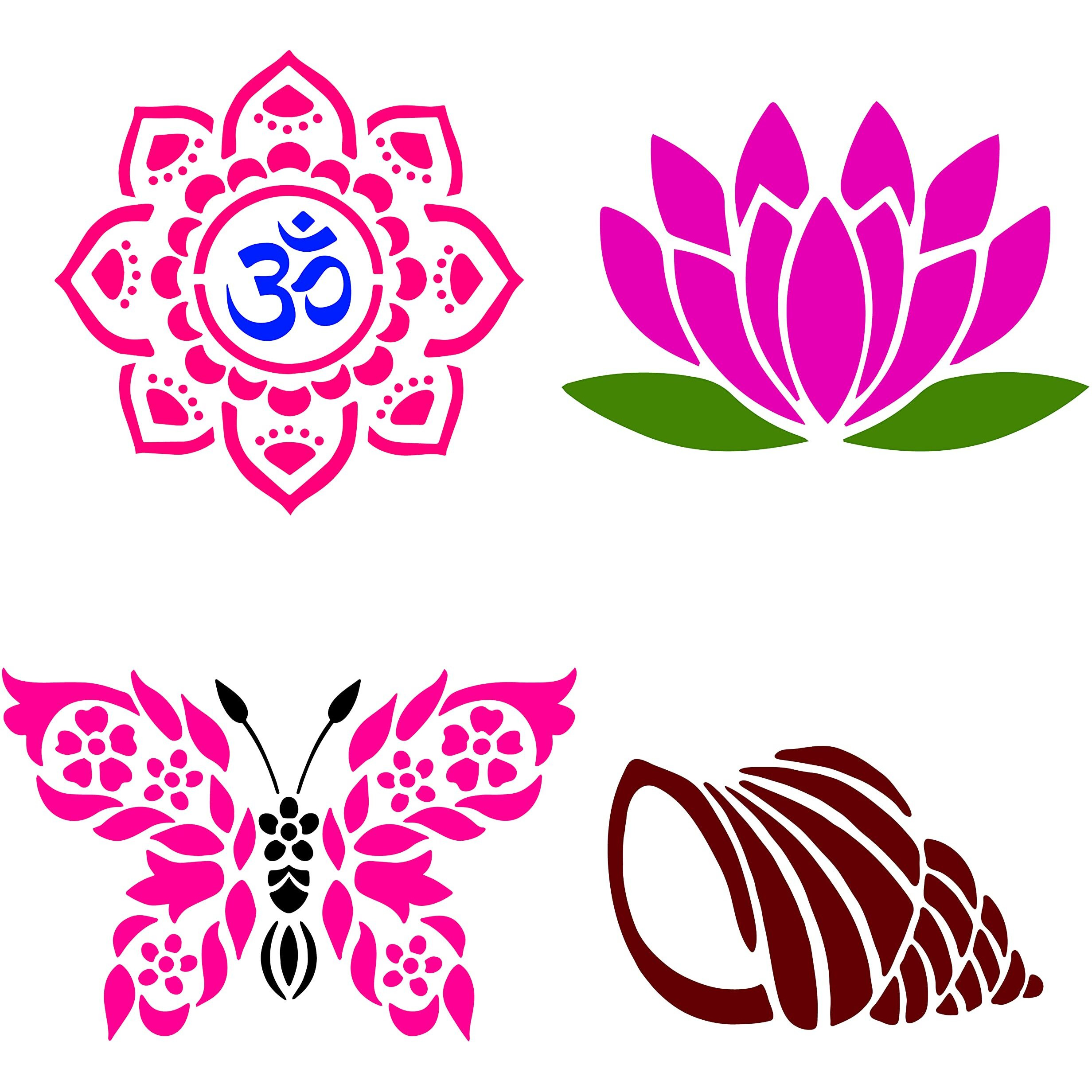 Solobolo Mandala Rangoli Stencil With 6 Rangoli Colours| Mandala Rangoli Stencil | Lotus Stencil | Vishnu Sankh Rangoli Stencil | Butterfly Rangoli Stencil | Set Of 4 | Rn402
