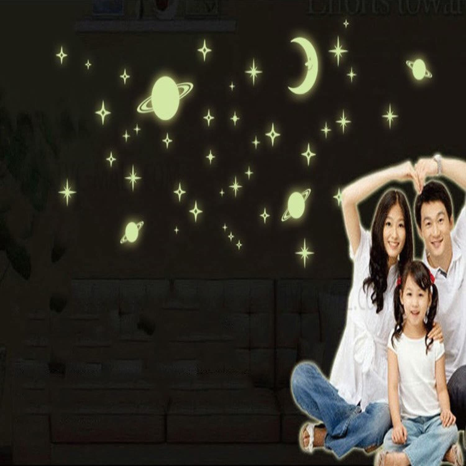 Jaamso Royals Radium Moon & Falling Stars Glow In Dark Vinyl Waterprrof Wall Sticker(30 Cm X 21 Cm)