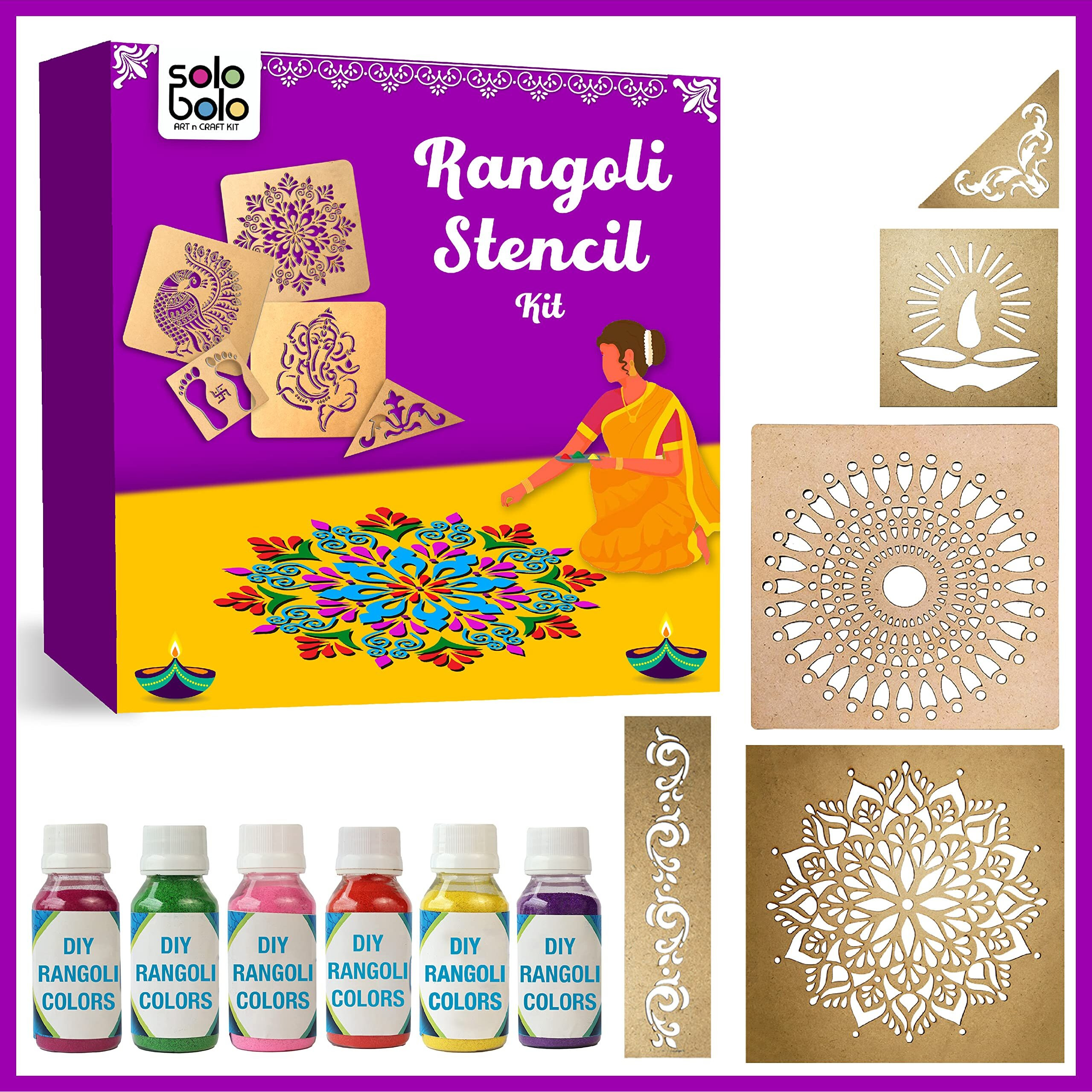 Solobolo Mandala Rangoli Stencil With 6 Rangoli Colours| Mandala Rangoli Stencil | Diwali Diya Rangoli Stencil | Corner Rangoli Stencil |Border Rangoli Stencil | Set Of 5 | Rn501