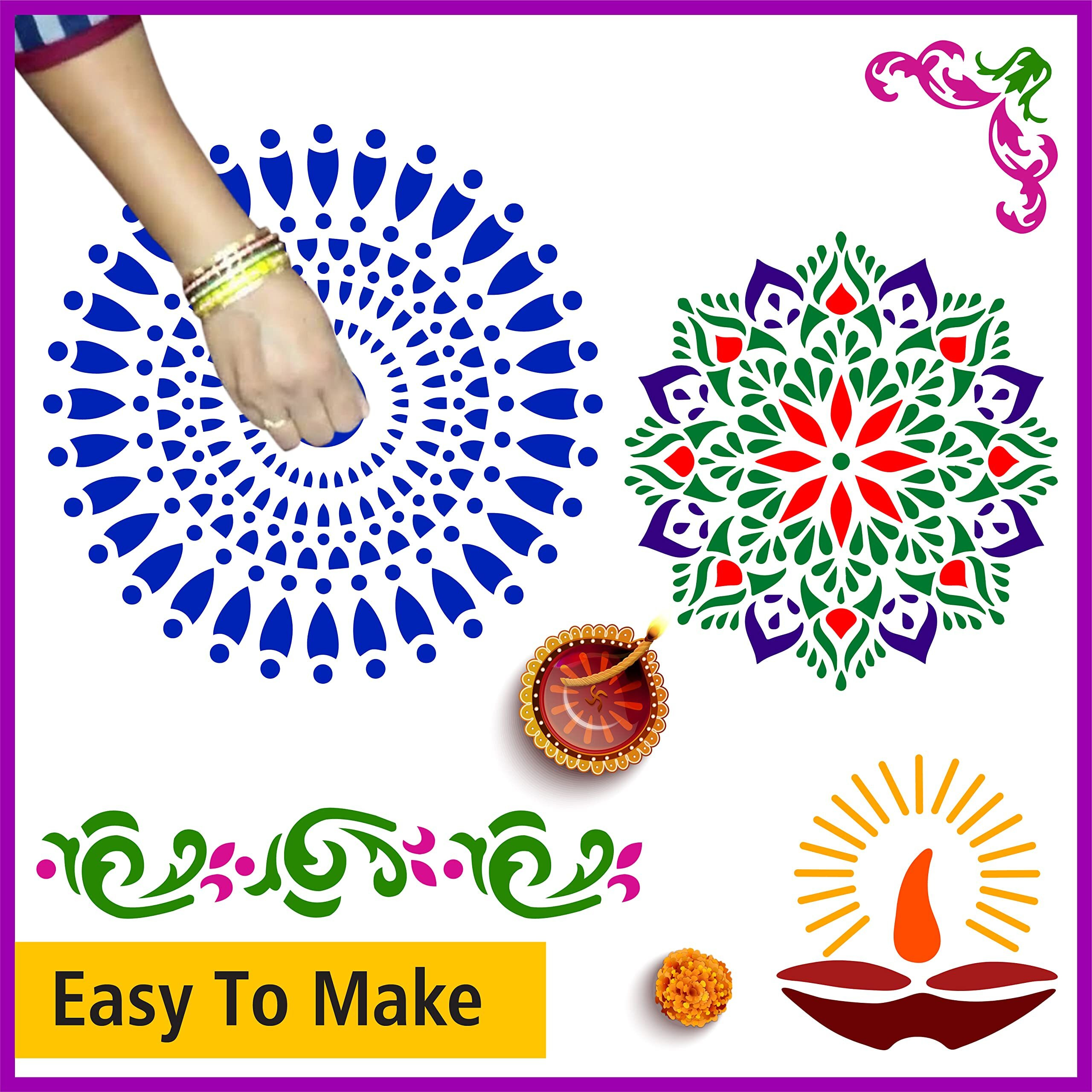 Solobolo Mandala Rangoli Stencil With 6 Rangoli Colours| Mandala Rangoli Stencil | Diwali Diya Rangoli Stencil | Corner Rangoli Stencil |Border Rangoli Stencil | Set Of 5 | Rn501