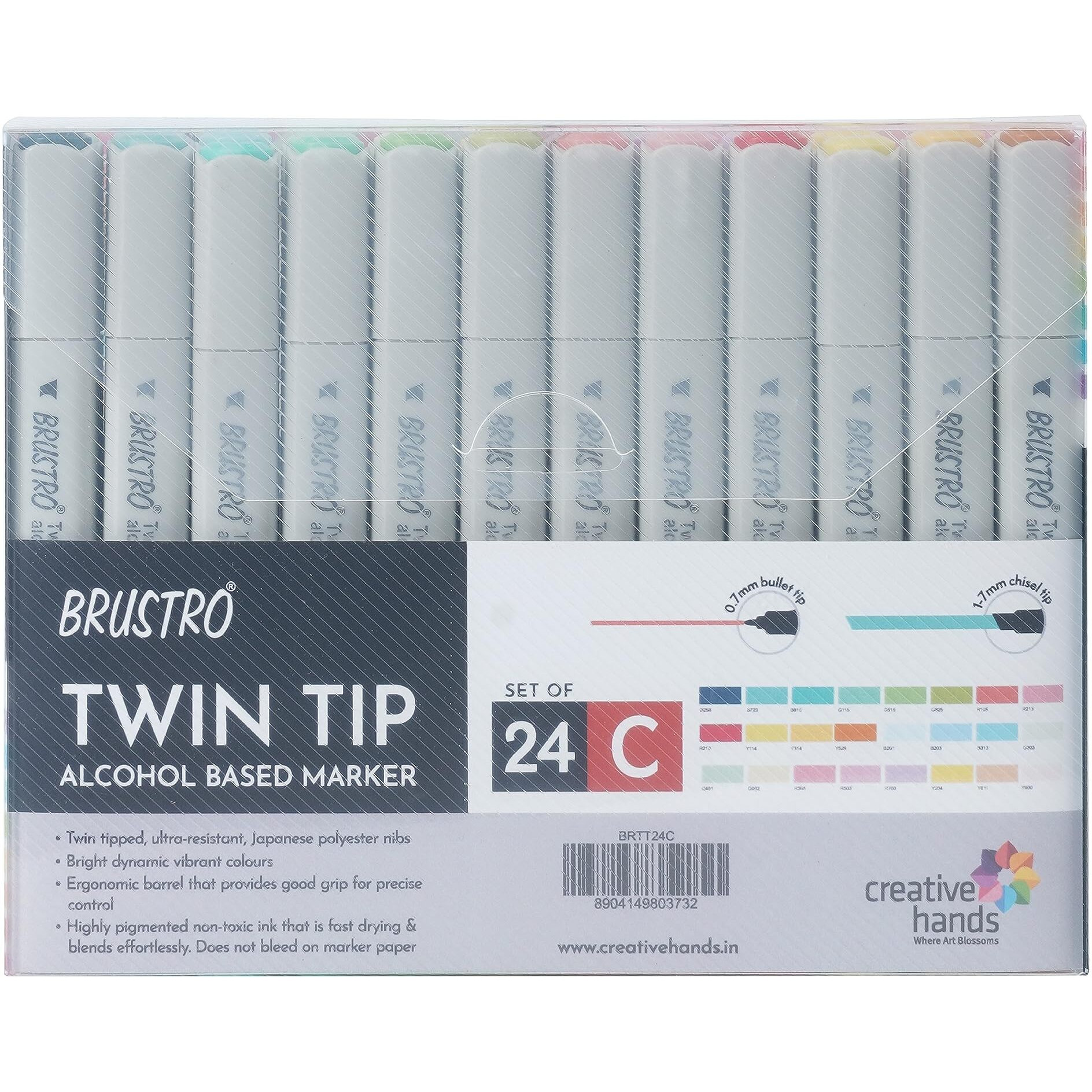 Brustro Twin Tip Alcohol Based Marker Set Of 24 (C) In Crossline Pp See Through Box|Tip Size - Broad 1-7Mm Line,Fine 0.7Mm|Smudge-Proof,Waterproof, Ideal For Texturing, Sketching,Graffiti,Comic Artist