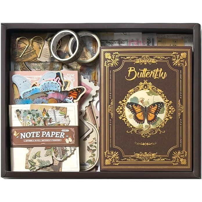 Atiramaniya 162Pcs Mixed Color Butterfly Collage Art Expression Kit, Paper Material, All Seasons, With A6 Notebook, Photo Frame Card, Tearable & Lace Stickers Gift For Girl (Wings Of Serenity)