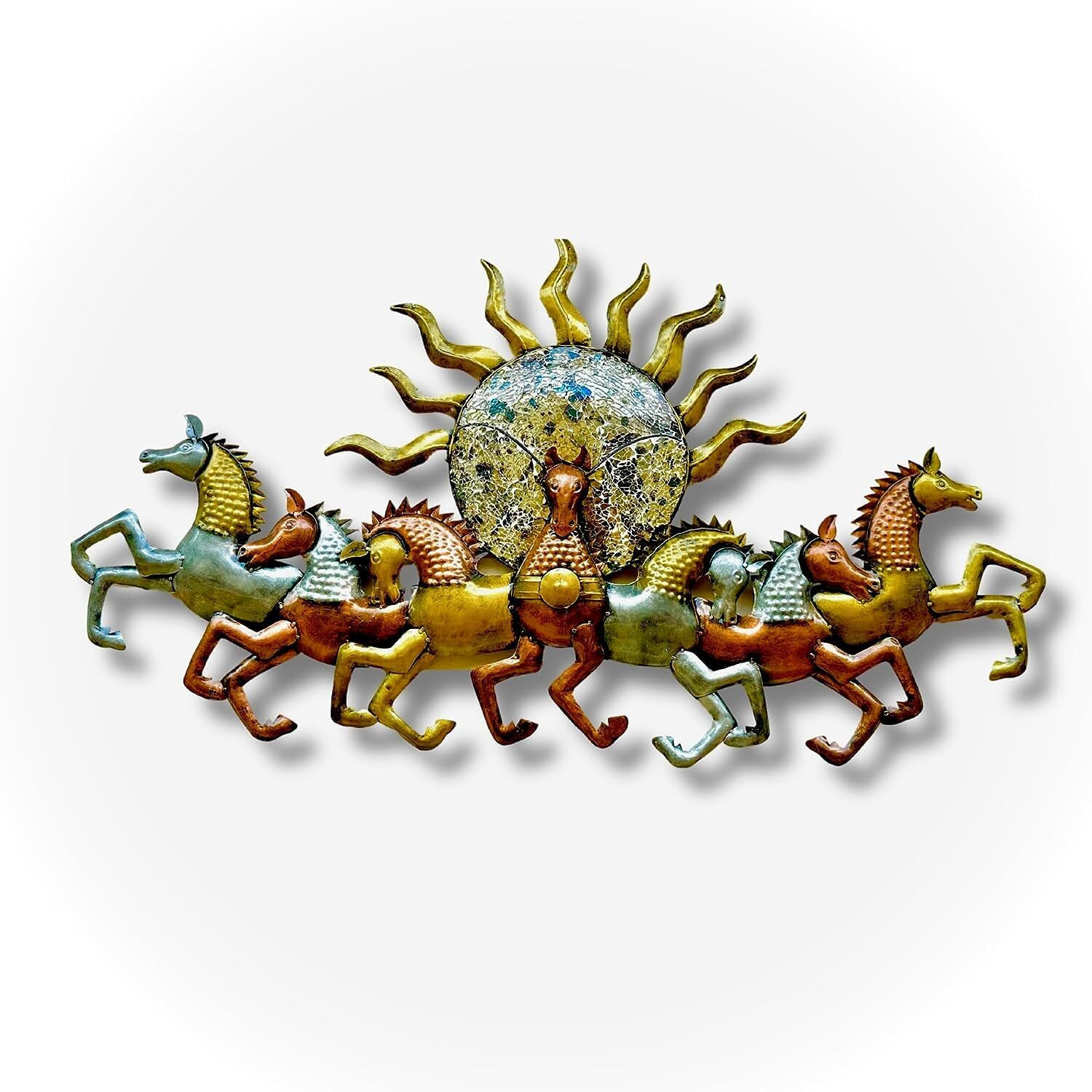 Anshika International Metal 7 Horse With Sun Metallic Wall Decor, Wall Arts For Home, Living Room, Bedroom, Hotel, Wall Decor For Good Luck & Prosperity (Multi-Color, Size 24 X 48 Inches)