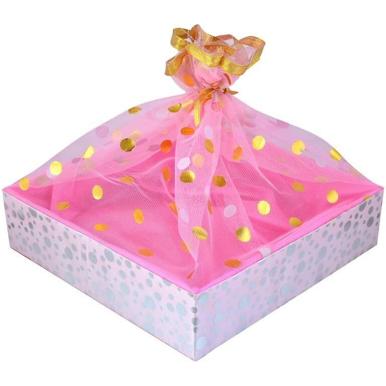 Grownex Net Covering Pink 8X8X3 Inch Wooden Hamper Basket Weddings Occasion Multi-Purpose Packaging Hamper Basket Celebration Gifts (Pack Of 4)