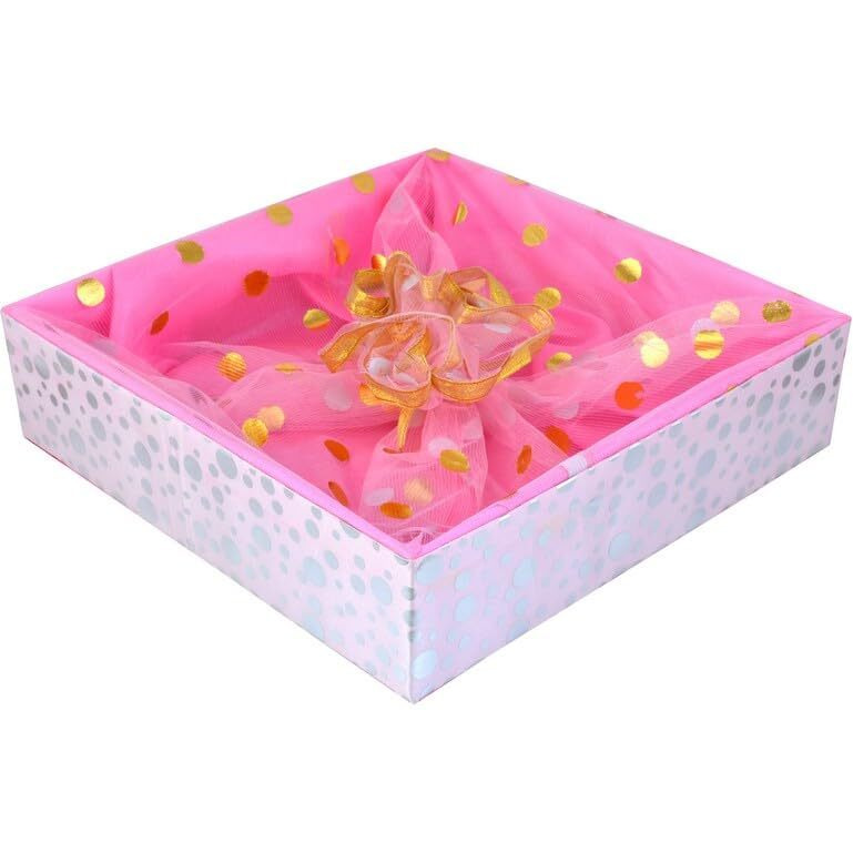 Grownex Net Covering Pink 8X8X3 Inch Wooden Hamper Basket Weddings Occasion Multi-Purpose Packaging Hamper Basket Celebration Gifts (Pack Of 4)