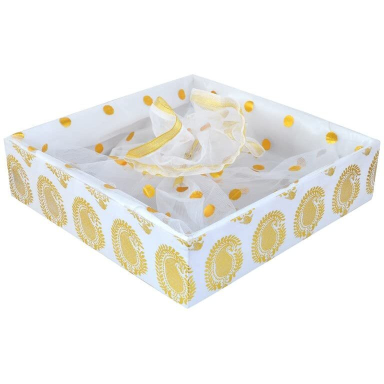Grownex Wedding And Festival Gifting Wood Dry Fruit Net Basket For Gift Packing 12X12X3 Inches Valentines Chocolate Gift Hamper Tray (White, Pack Of 3)