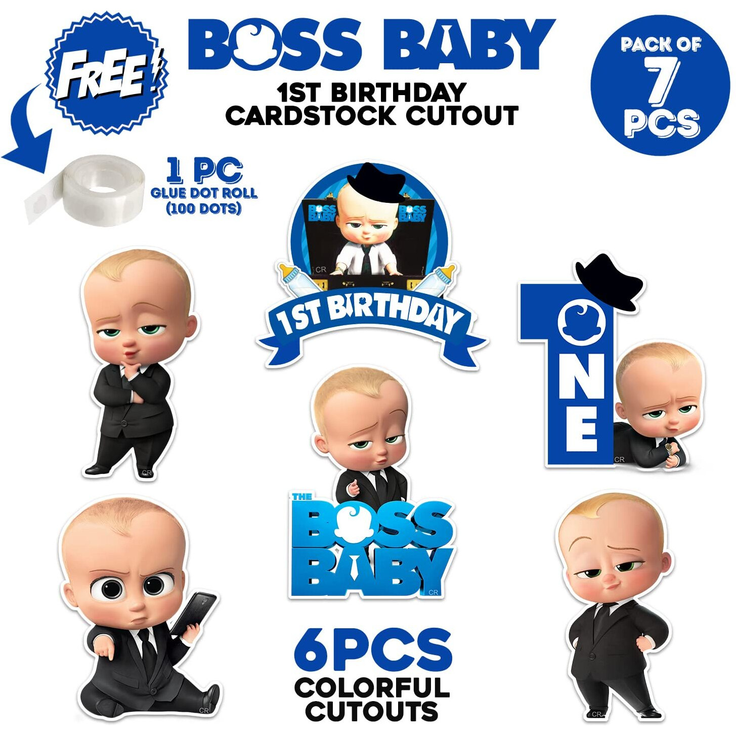 Zyozique Boss Baby 1St Birthday Cardstock Cutout With Glue Dot For Kids Theme For Baby Shower 1St Birthday Decorations Supplies (Pack Of 7)