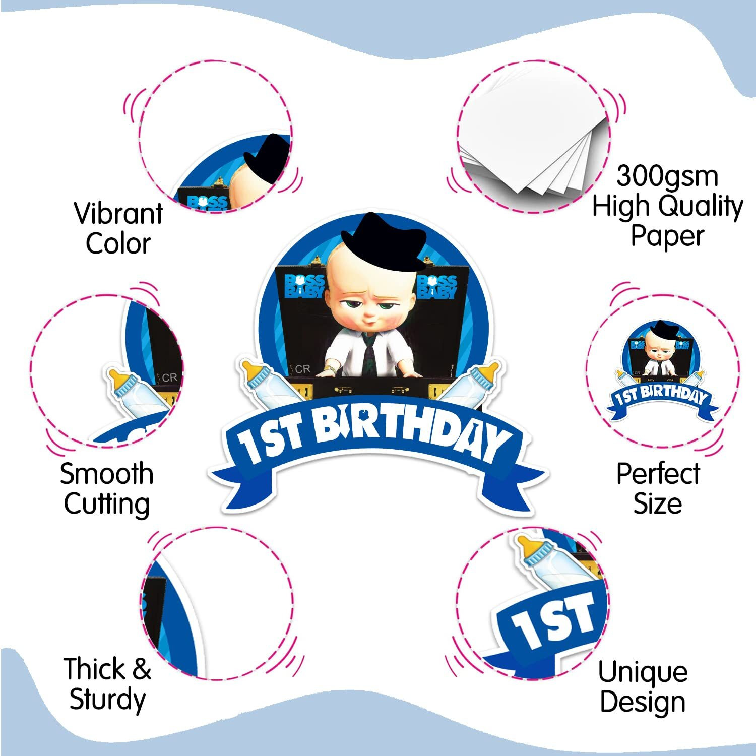 Zyozique Boss Baby 1St Birthday Cardstock Cutout With Glue Dot For Kids Theme For Baby Shower 1St Birthday Decorations Supplies (Pack Of 7)