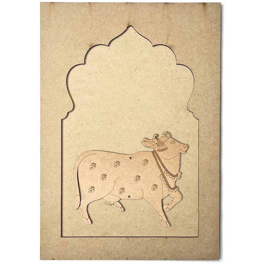 Adikala Mdf Jharokha With Pichwai Cow Left Side Face Engraved Design & Square Shaped Base Cutout For Diy Craft