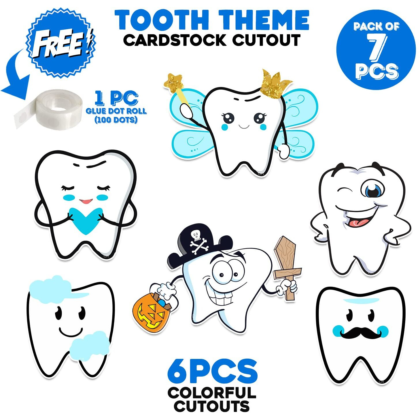 Zyozique 6 Pcs I Got My First Tooth Cardstock Cutout With 1 Pc Gluedot, First Tooth Decoration Items For Baby, 1St Teeth Decoration Items,Rice Ceremony Cardstock/Rice Ceremony Decoration Kit (Blue)
