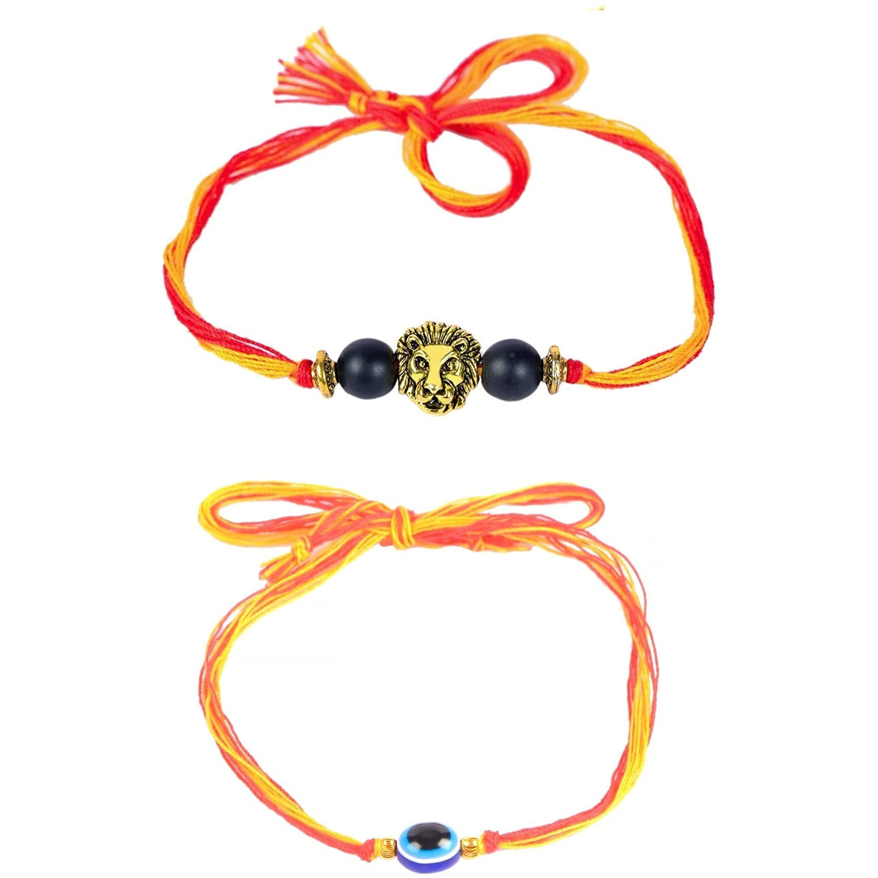 Stripes Essentials Set Of 2 Rakhis Colourful Thread With Evil Eye Protection And Colourful Thread With Golden Lion Head Charm And Black Agate Stone Rakhi For Brother (Free Size)