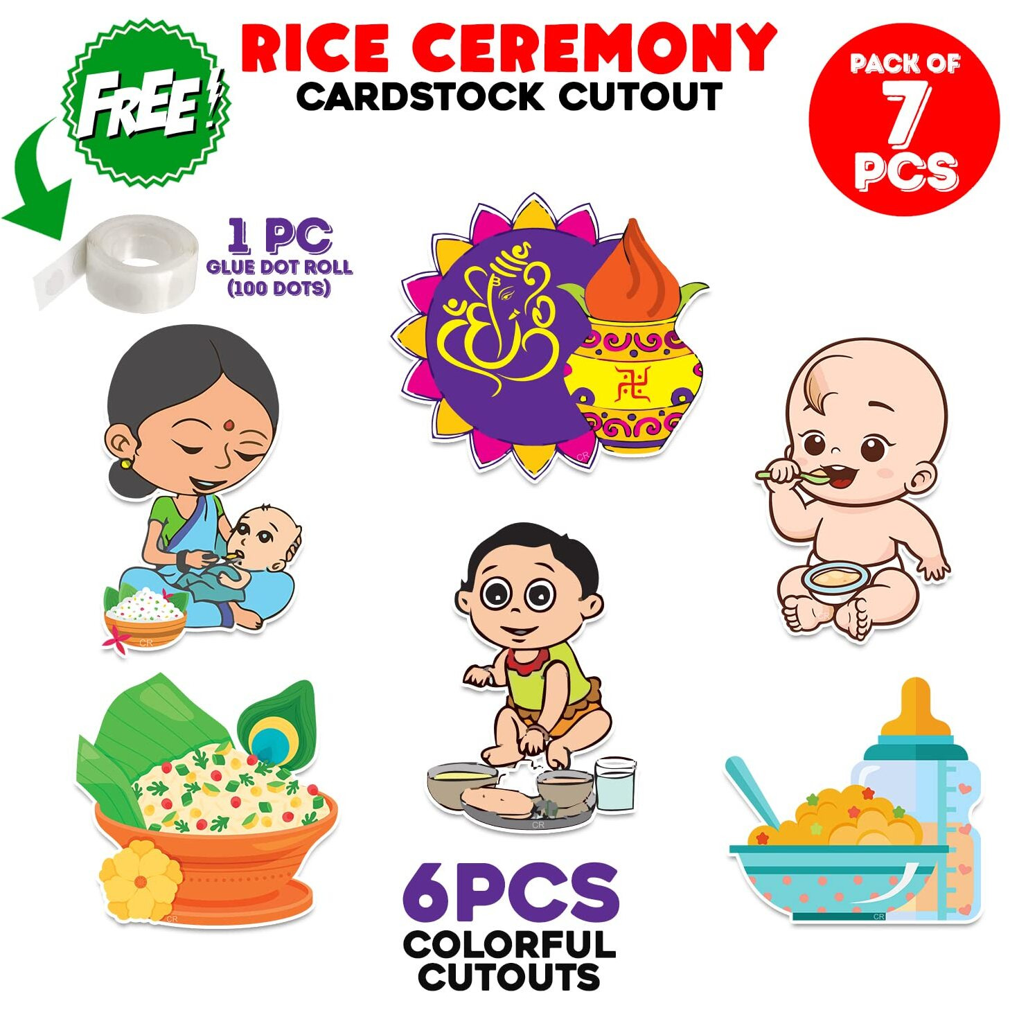 Zyozique Annaprasanam Cardstock Cutout/Annaprashan Decoration Items/Rice Ceremony Decorations Items/Rice Ceremony Cardstock Cutout/Baby Photoshoot Props For Rice Ceremony (Pack Of 7)