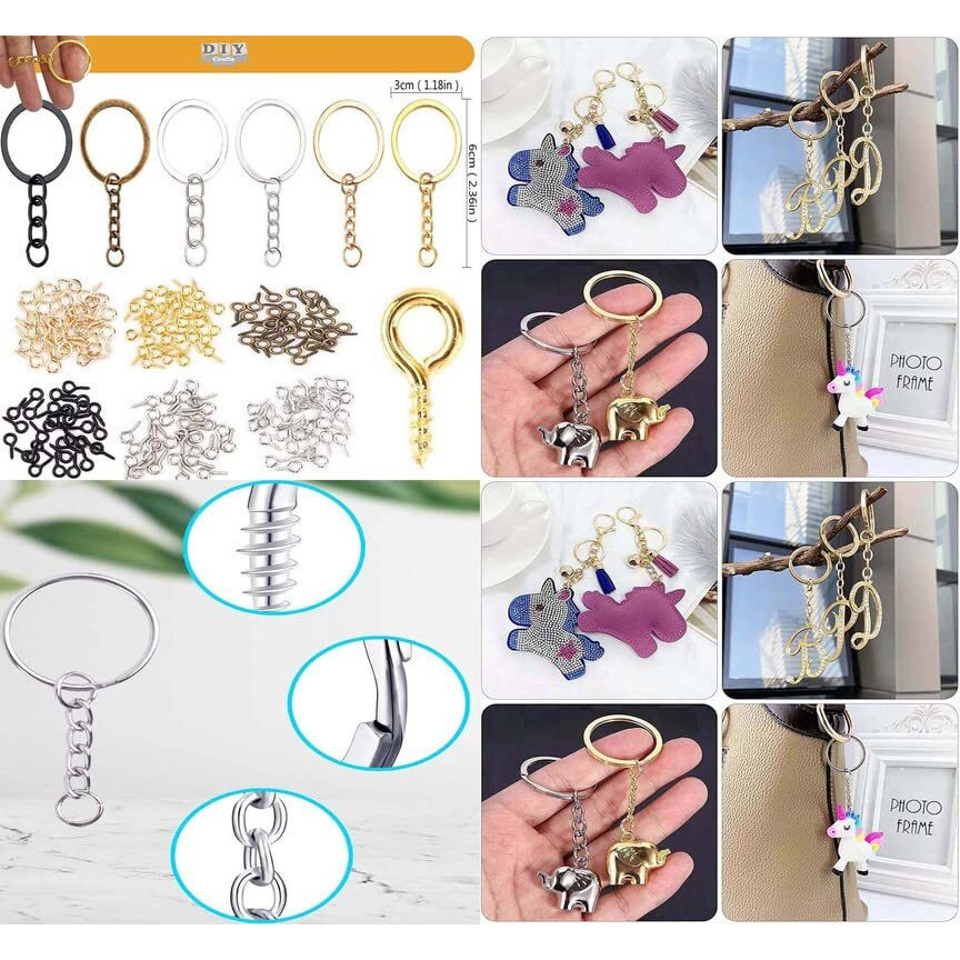 Diy Crafts 10X Pcs., Gold, Split Key Ring With Chain Set, Metal Flat Keychain Rings 1 Inch With Open Jump Rings And Screw Eye Pins Bulk, For Handbag Hangers Hooks Beading (10X Pcs., Gold)