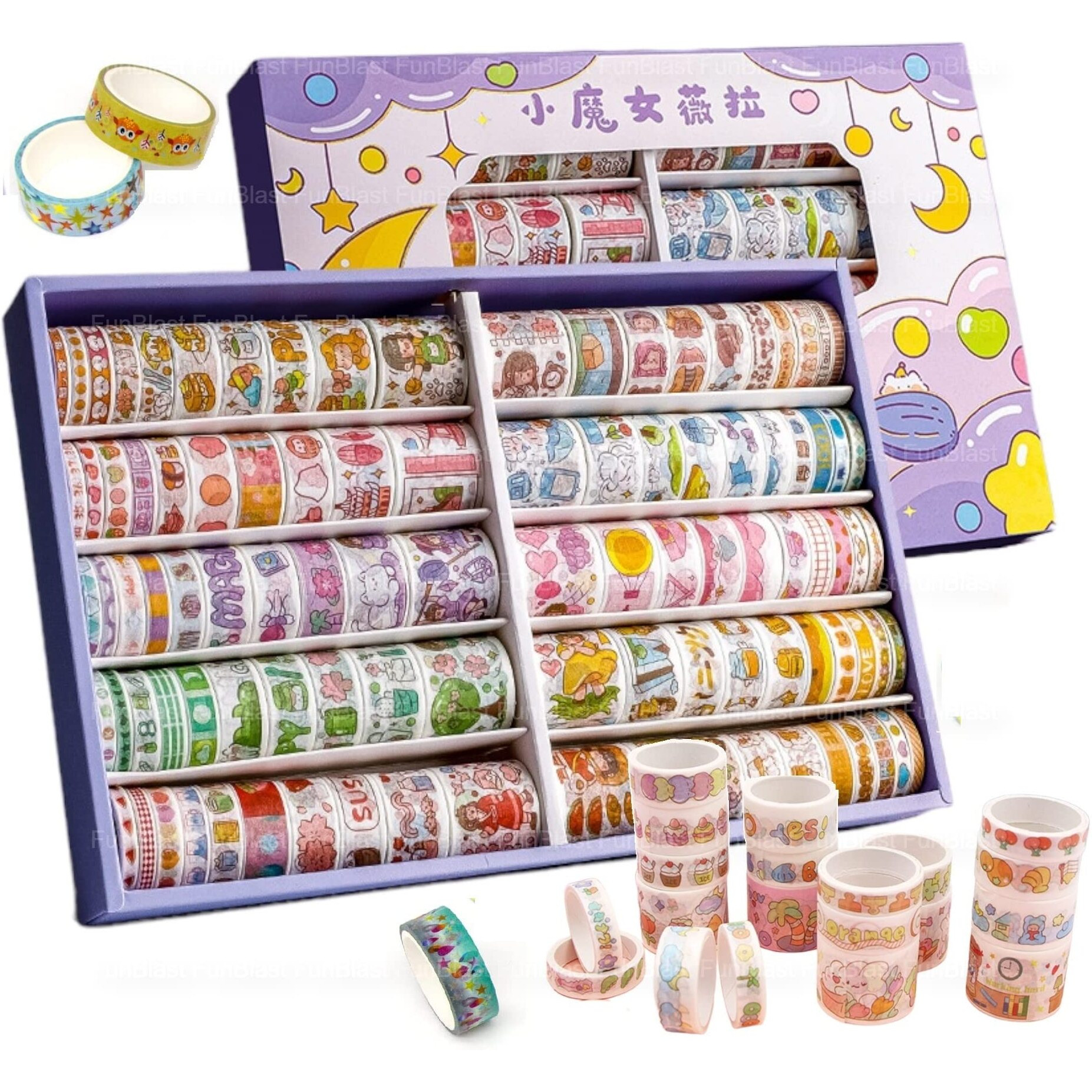 Funblast Washi Tape Set,100 Pcs Set Cute Washi Tape Kit, Designer Decorative Masking Tapes For Diy Crafts Arts Scrapbooking Bullet Journal Planners, Stationary Items For Kids (Random Color And Design)