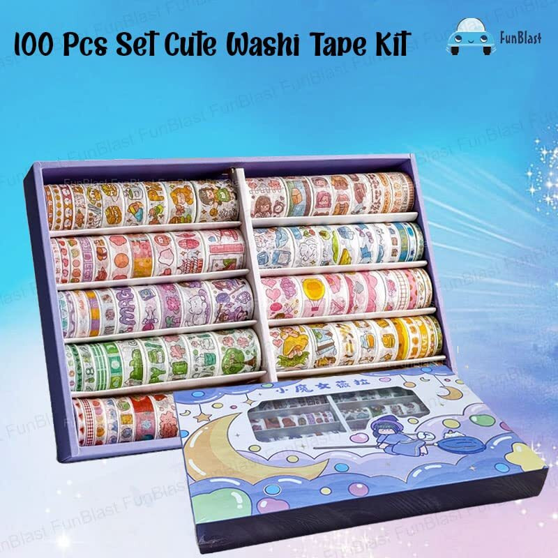 Funblast Washi Tape Set,100 Pcs Set Cute Washi Tape Kit, Designer Decorative Masking Tapes For Diy Crafts Arts Scrapbooking Bullet Journal Planners, Stationary Items For Kids (Random Color And Design)