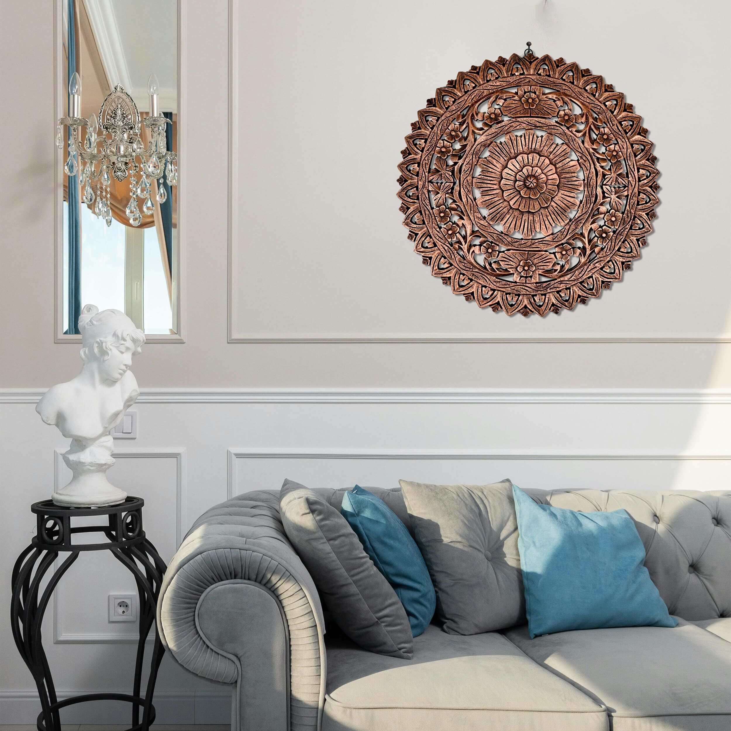 Xelda Mdf Wall Decoration Panel- 60X60 Cm Decorative Wood Carving Wall Art With Floral Design For Living Room, Bedroom, Office, Modern & Elegant Wall Hanging (Black Copper)