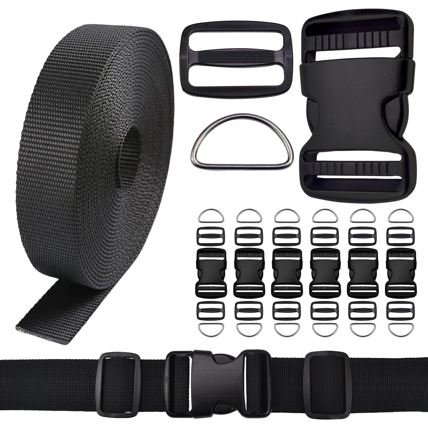 Shopee 1.5 Inch Buckles Straps Set 10 Meter Black Nylon Webbing Strap 6 Pcs Quick Side Release Plastic Buckle Dual Adjustable 12Pcs Tri-Glide Slide Clip 12 Pcs Metal D Rings