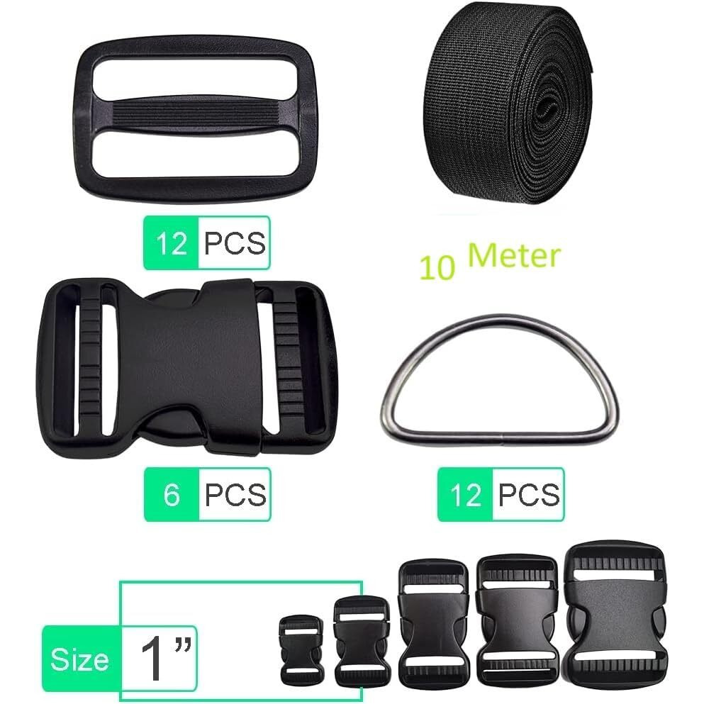 Shopee 1.5 Inch Buckles Straps Set 10 Meter Black Nylon Webbing Strap 6 Pcs Quick Side Release Plastic Buckle Dual Adjustable 12Pcs Tri-Glide Slide Clip 12 Pcs Metal D Rings