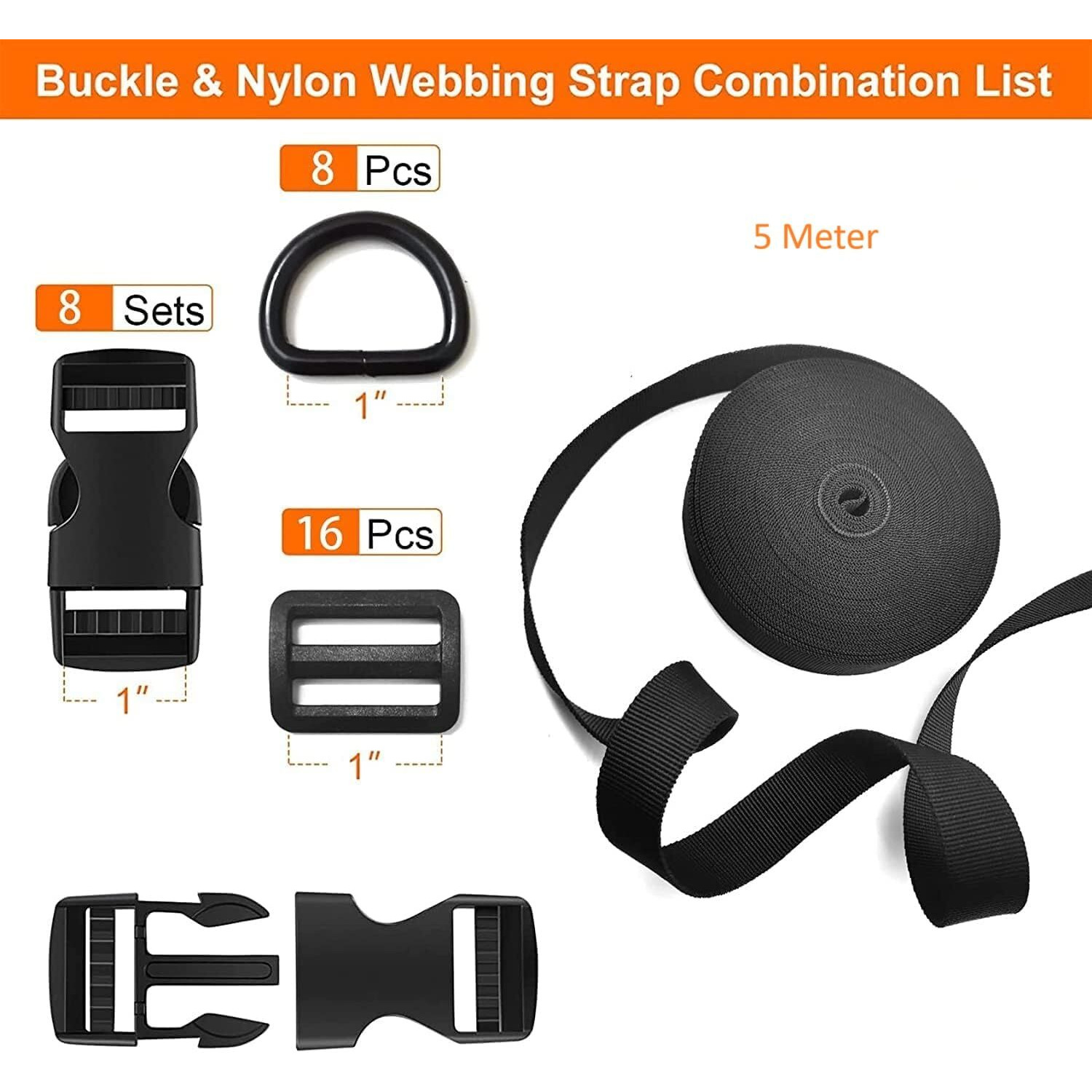 Shopee 5 Meter 1.5'' Nylon Webbing Straps 8 Pcs Quick Side Release Buckles For 1.5Inch Strap, 16 Pcs Tri-Glide Slides Flat Plastic Buckle Clips, 8 Pcs Metal D Rings For Backpack Replacement, Black
