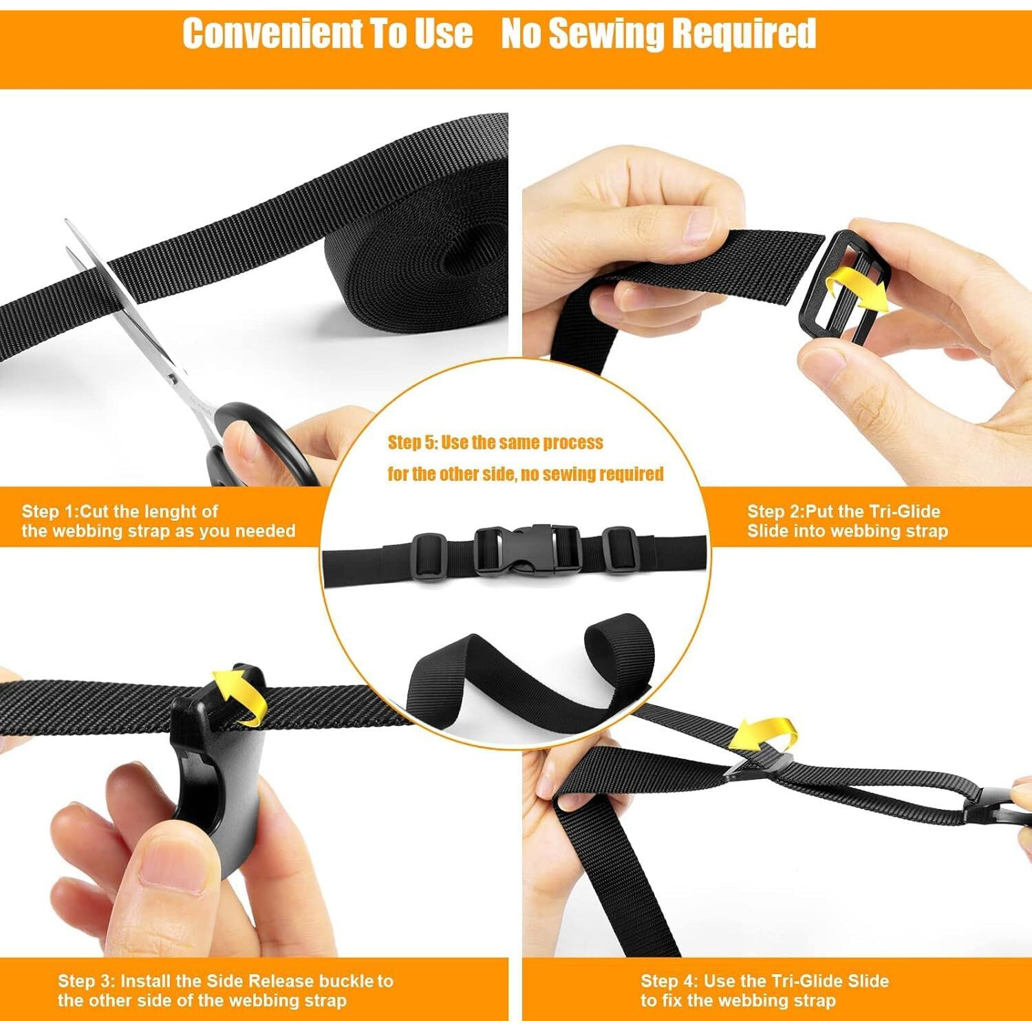 Shopee 5 Meter 1.5'' Nylon Webbing Straps 8 Pcs Quick Side Release Buckles For 1.5Inch Strap, 16 Pcs Tri-Glide Slides Flat Plastic Buckle Clips, 8 Pcs Metal D Rings For Backpack Replacement, Black