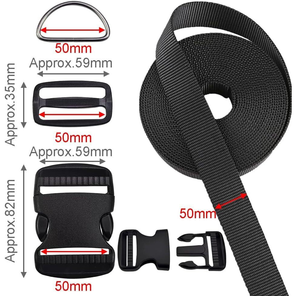 Shopee 2 Inch Buckles Straps Set 5 Meter Black Nylon Webbing Strap 6 Pcs Quick Side Release Plastic Buckle Dual Adjustable 12Pcs Tri-Glide Slide Clip 12 Pcs Metal D Rings Combo