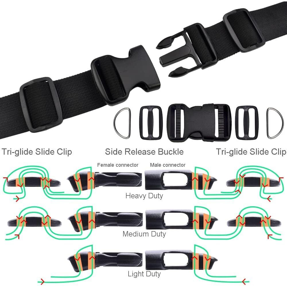 Shopee 2 Inch Buckles Straps Set 5 Meter Black Nylon Webbing Strap 6 Pcs Quick Side Release Plastic Buckle Dual Adjustable 12Pcs Tri-Glide Slide Clip 12 Pcs Metal D Rings Combo