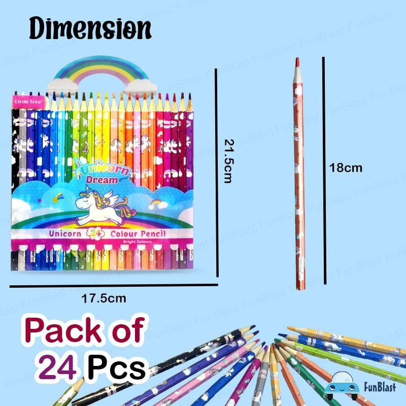 Funblast Unicorn Colour Pencils Set For Kids, 24 Pcs Soft Wax Pencils, Coloring Pencils, 3 Mm Artist Sketching Colour Pencil For Kids & Artist, Drawing Color Pencil Set (Multicolor)