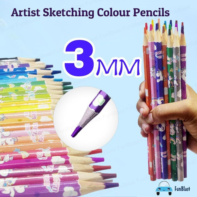 Funblast Unicorn Colour Pencils Set For Kids, 24 Pcs Soft Wax Pencils, Coloring Pencils, 3 Mm Artist Sketching Colour Pencil For Kids & Artist, Drawing Color Pencil Set (Multicolor)