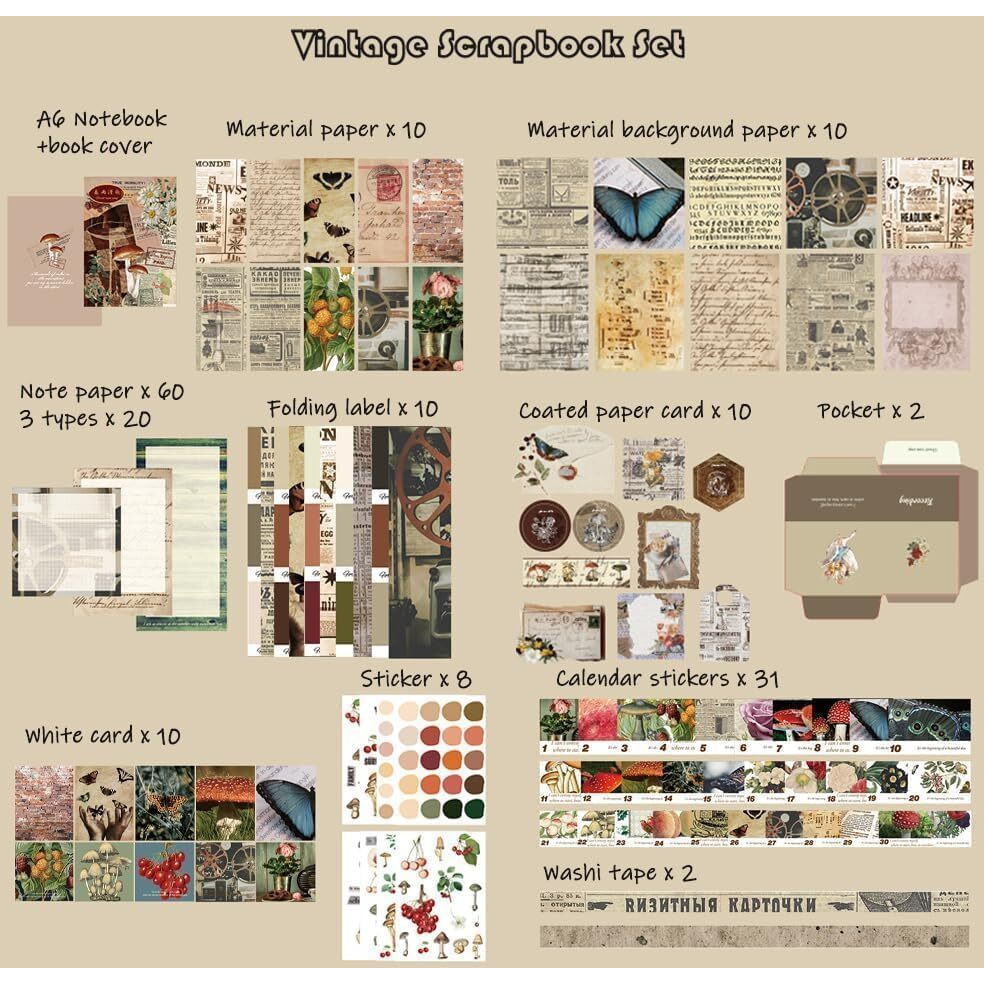 Lanloy Vintage Aesthetic Scraobiik Kit (346Pcs) Scrapbooking Supplies Kit With Bullet Junk Journal Stationery A6 Grid Notebook Journaling Gift For Gifl (Post Office Brown Scrapbook)