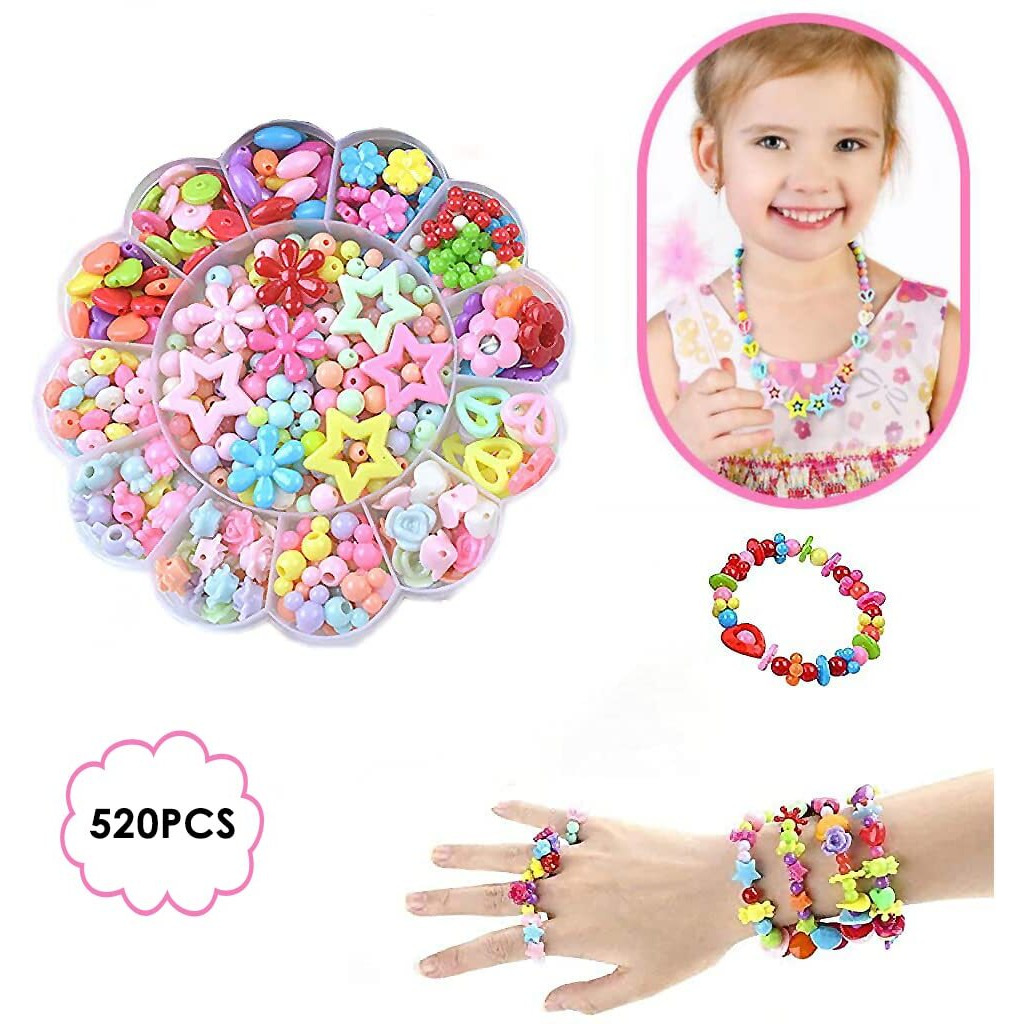 Hannea Beads For Jewellery Making Girls Colorful Floral Beads For Bracelet, Necklace, Ring Making Children's Beads For Diy Craft, Jewellery Making Kit Kid Girls (Over 6 Years Old) - 520 Pieces