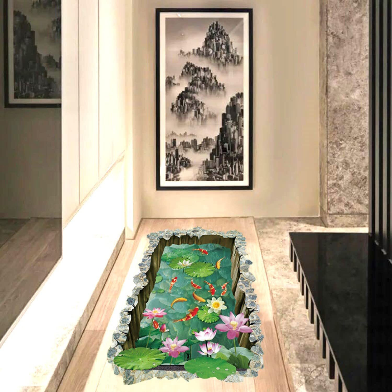Jaamso Royals Green Fish Pond Vinyl 3D Floor Stickers, Waterproof Tiles For Floor, Self Adhesive (60 Cm X 90 Cm, 0.1 Cms)