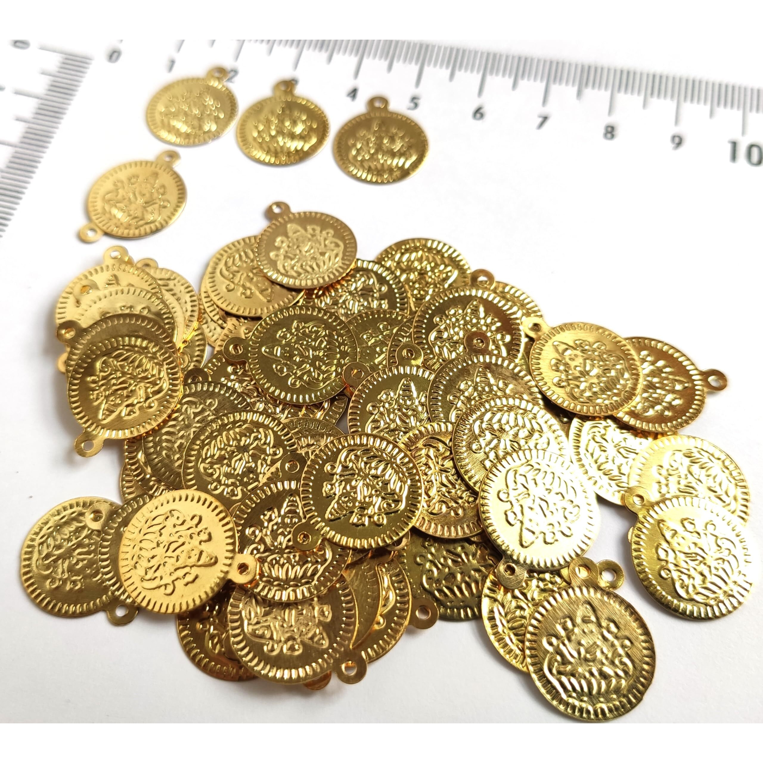Gosetget (100 Pcs) 14 Mm Gold Lakshmi Kasu Coated Metal Beads For Embroidery, Jewelry & Arts (Gold-100)