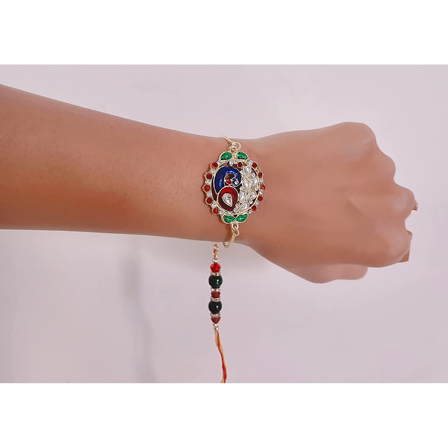 Mahi Peacock Shaped Meenakari Work Lumba Rakhi For Bhabhi With Beads And Crystals (Ral1100680G)